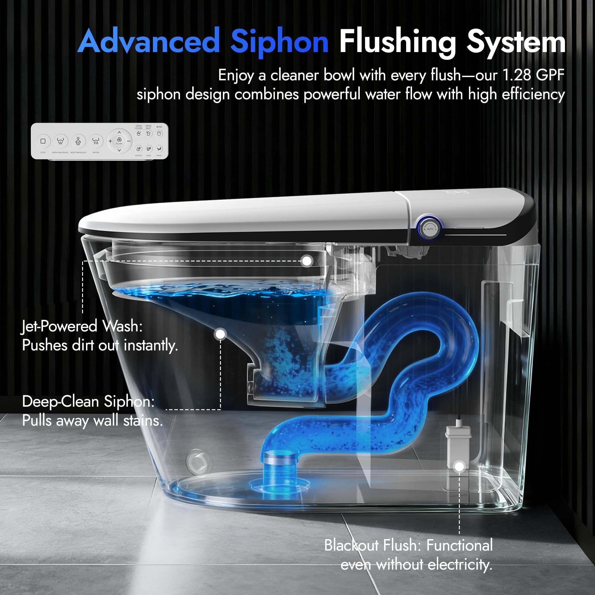 Advanced Siphon Flushing System  
Enjoy a cleaner bowl with every flush—our 1.28 GPF siphon design combines powerful water flow with high efficiency.

- Jet-Powered Wash: Pushes dirt out instantly.
- Deep-Clean Siphon: Pulls away wall stains.
- Blackout Flush: Functional even without electricity.