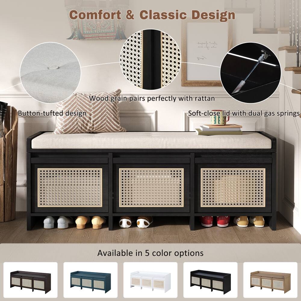 Comfort & Classic Design

- Wood grain pairs perfectly with rattan
- Button-tufted design
- Soft-close lid with dual gas springs

Available in 5 color options