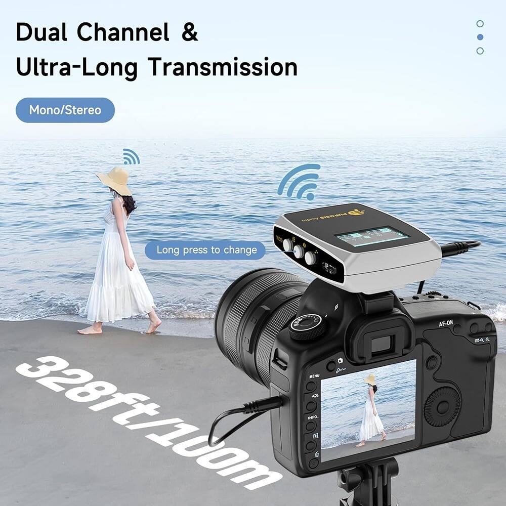 Dual Channel & Ultra-Long Transmission  
Mono/Stereo  
Long press to change  
328ft/100m