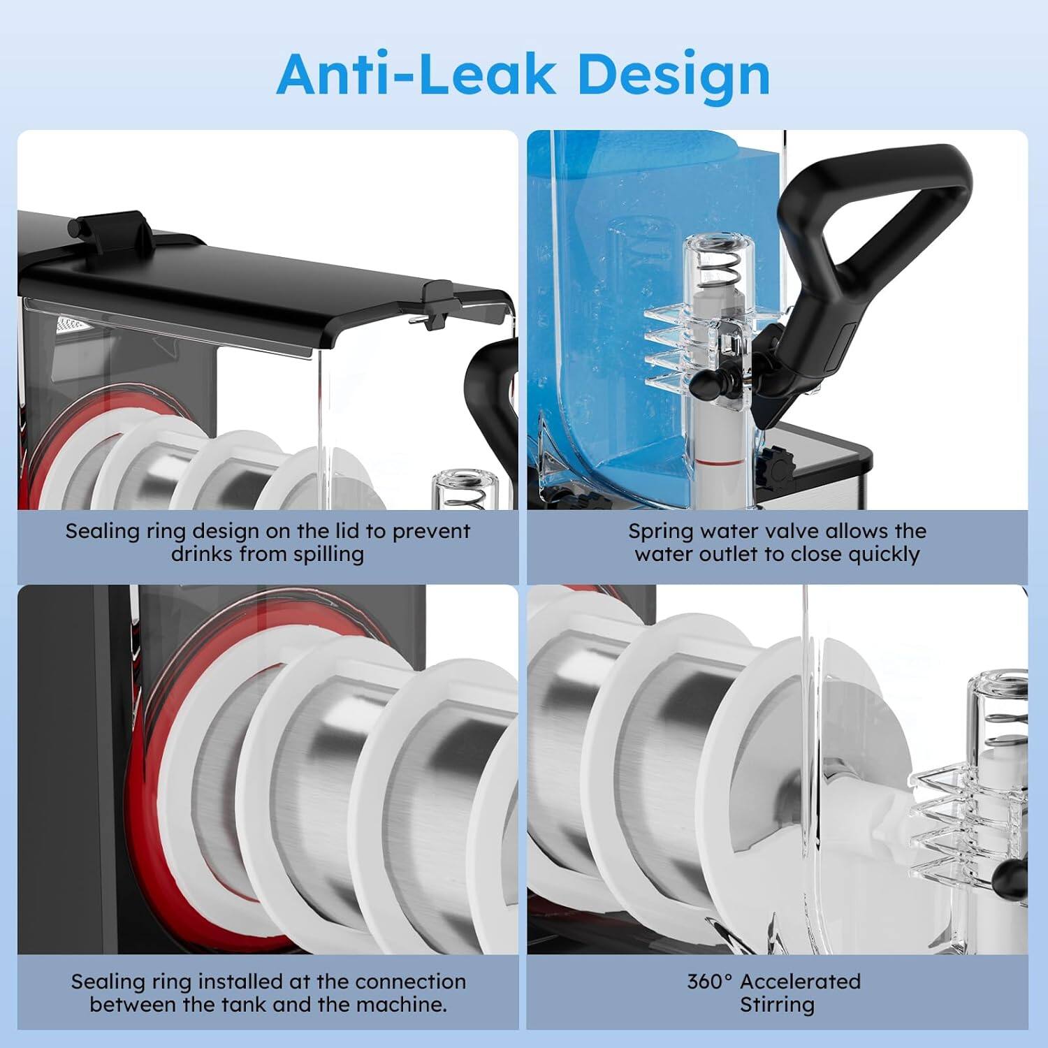 Anti-Leak Design

- Sealing ring design on the lid to prevent drinks from spilling
- Sealing ring installed at the connection between the tank and the machine
- Spring water valve allows the water outlet to close quickly
- 360° Accelerated Stirring
