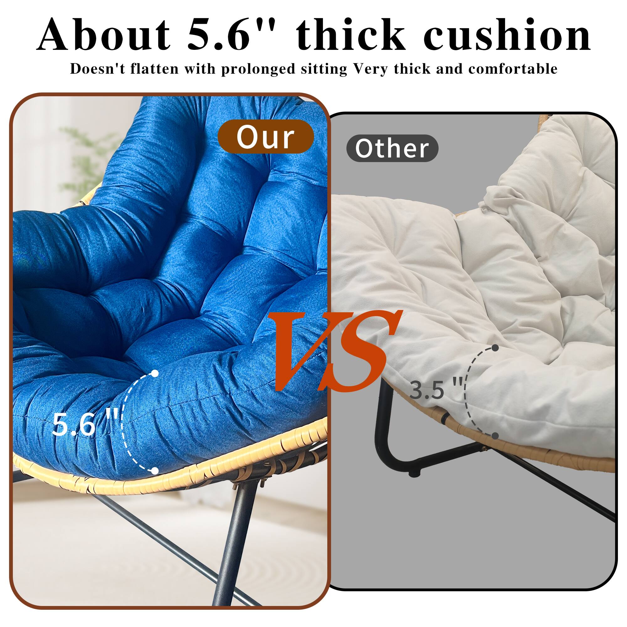 About 5.6" thick cushion  
Doesn't flatten with prolonged sitting  
Very thick and comfortable  

Our  
5.6"  

VS  

Other  
3.5"