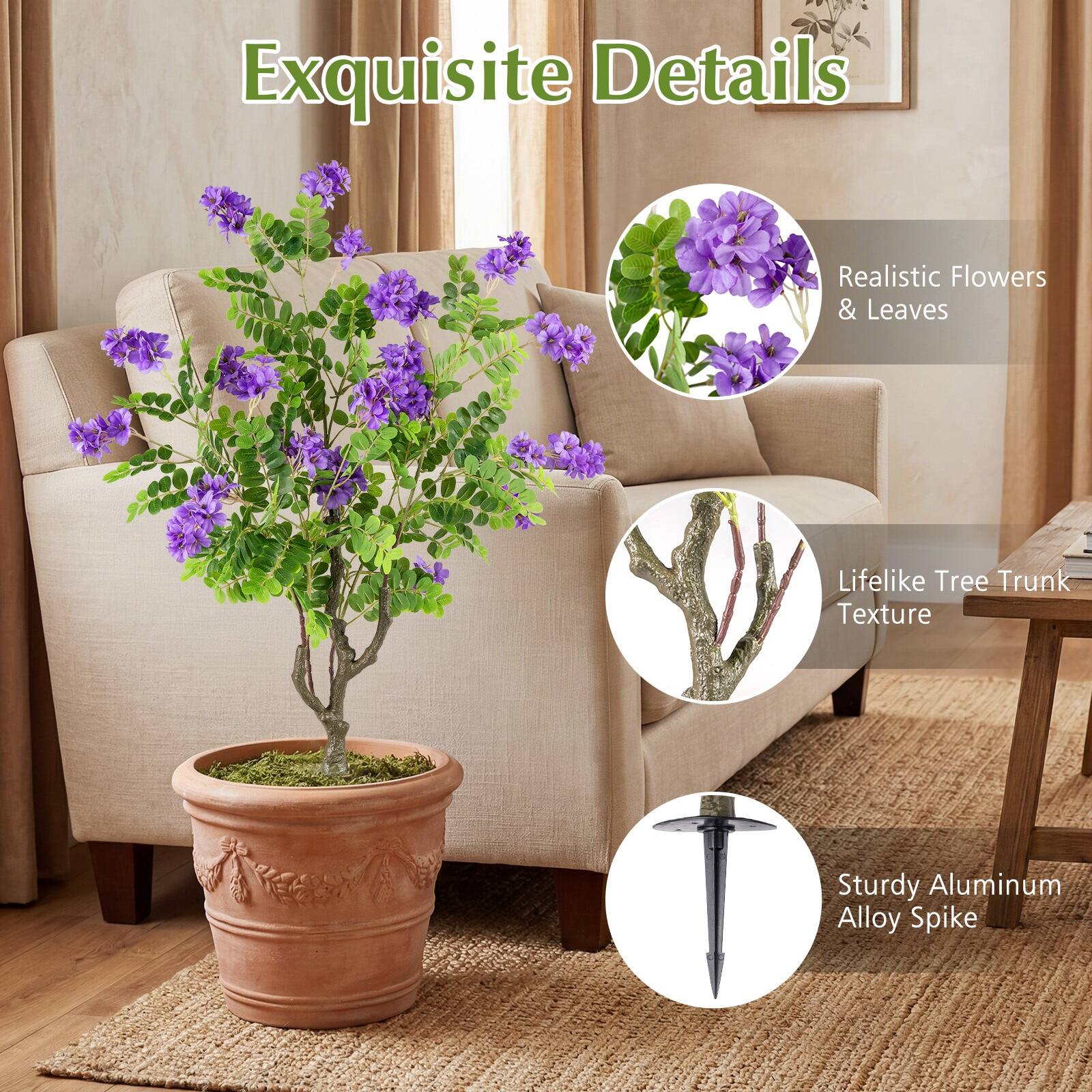 Exquisite Details

- Realistic Flowers & Leaves
- Lifelike Tree Trunk Texture
- Sturdy Aluminum Alloy Spike