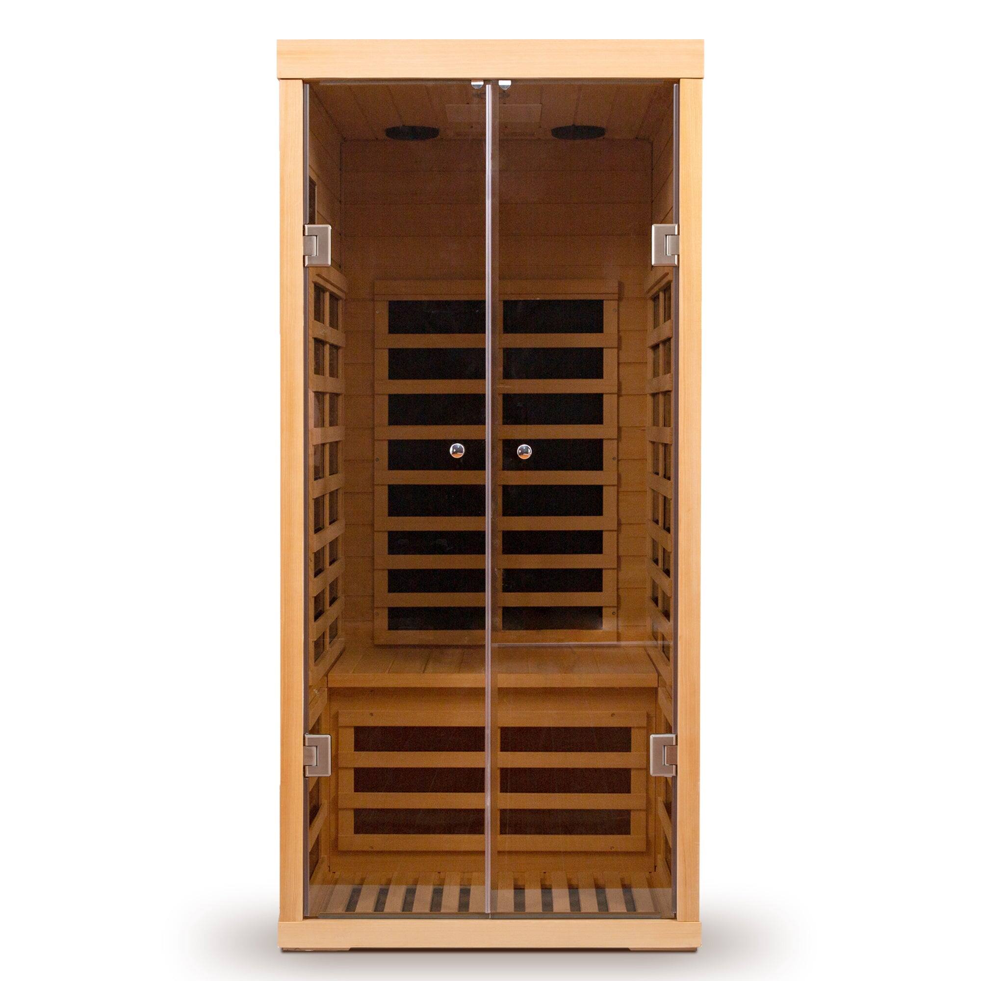 Alt View 5. Boyel Living - Low EMF One-Person Wide Space Hemlock Double Doors Luxury Glass Far Infrared Sauna with APP Control and Bluetooth Audio - Natural Wood.