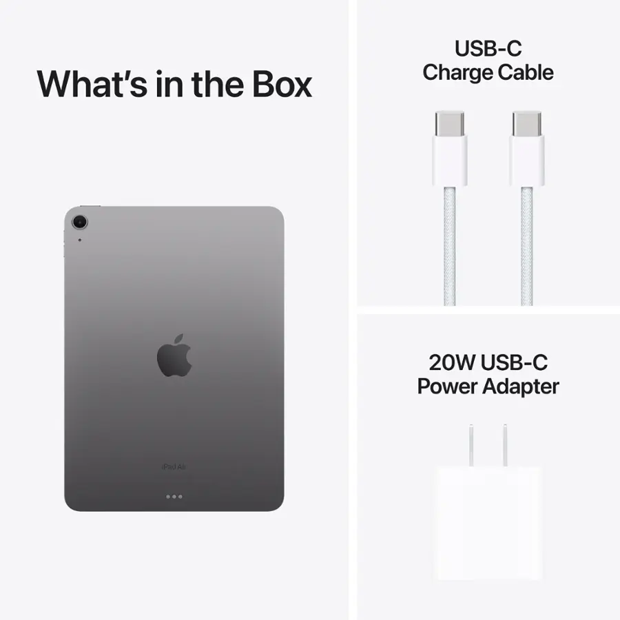 What's in the Box: USB-C Charge Cable, 20W USB-C Power Adapter, iPad Air.