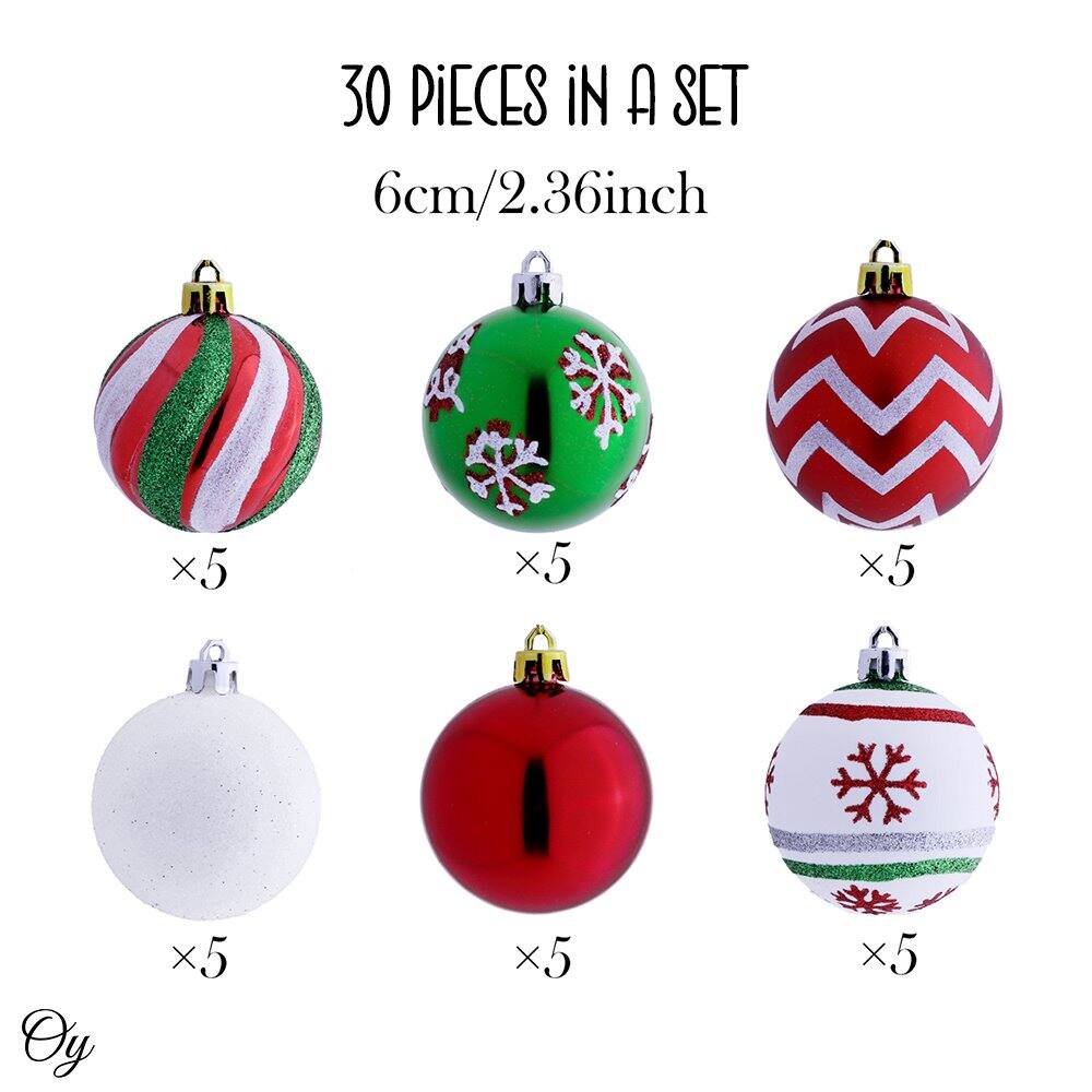 30 PIECES IN A SET  
6cm/2.36inch  

- Red and green striped with glitter: x5  
- Green with snowflakes: x5  
- Red and white chevron: x5  
- White with glitter: x5  
- Red: x5  
- White with snowflakes and green stripes: x5  

Oy