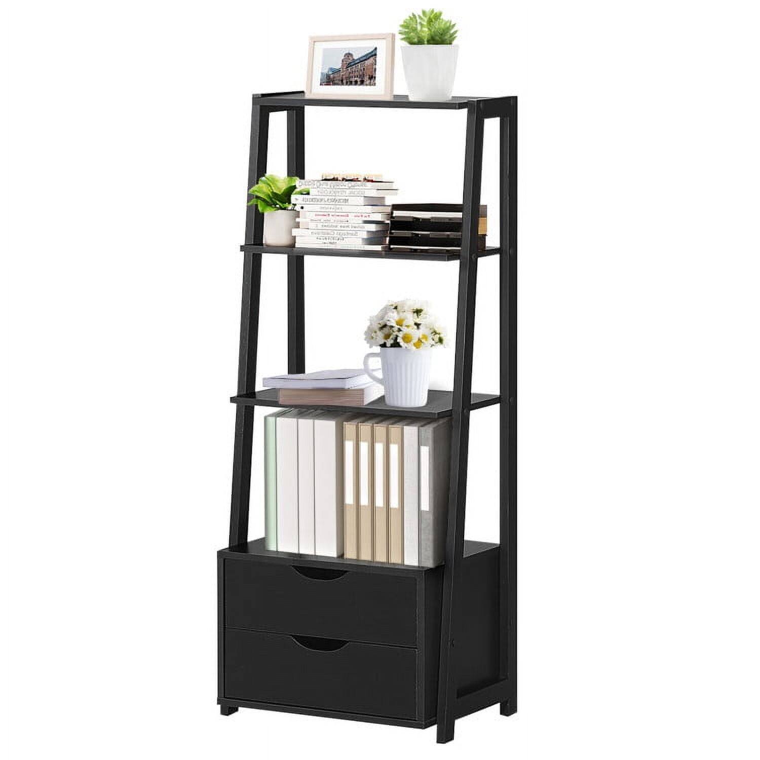 Alt View 1. Pefilos - 4-Tier Ladder Bookshelf Storage Display with 2 Drawers, Tall Bookshelf, Shelves for Living Room, Home Office - Black.