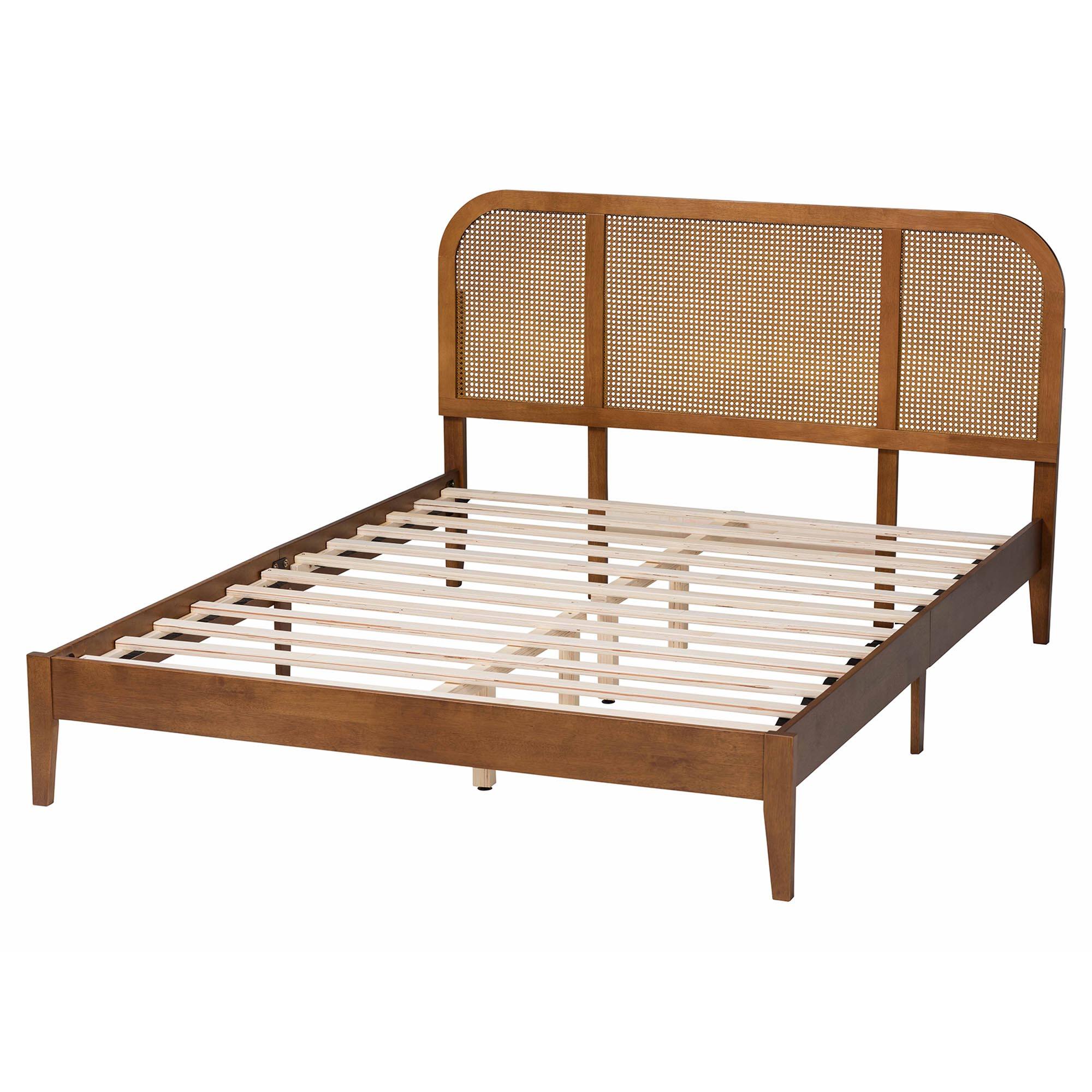 Left. Baxton Studio - Fleur Mid-Century Woven RatWood Queen Size Bed - Walnut Brown.