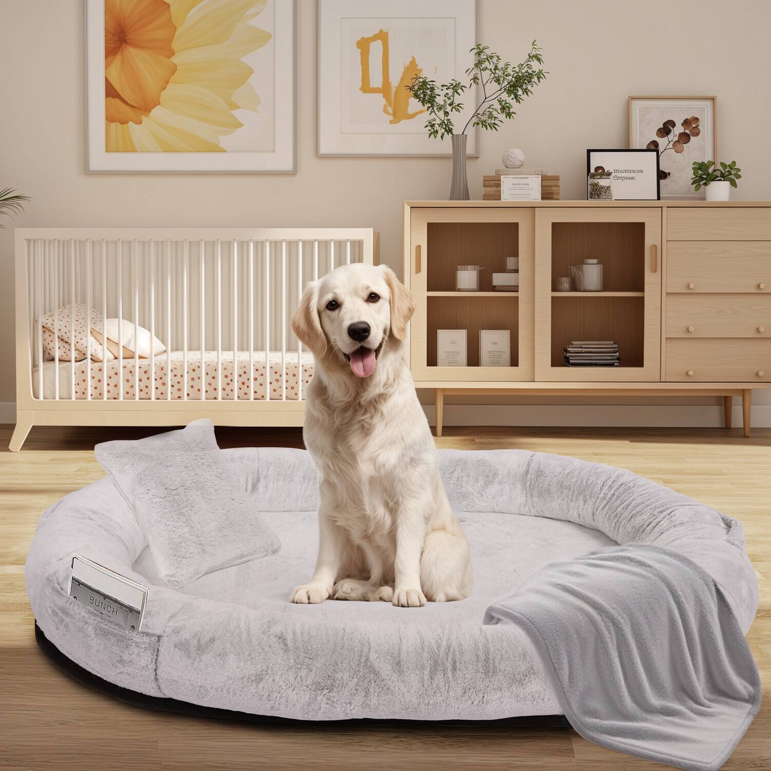 Alt View 4. Furryfection - Oversize Faux Fur Human dog Bed with Pillow and Blanket - Grey.