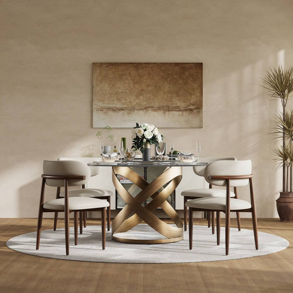 Angle. POVISON - 51" Modern Glass Round Dining Table for 4 with Lazy Susan, Clear Tempered Glass Tabletop, Bronze X Carbon Steel Base - Clear Tempered Glass with Bronze.