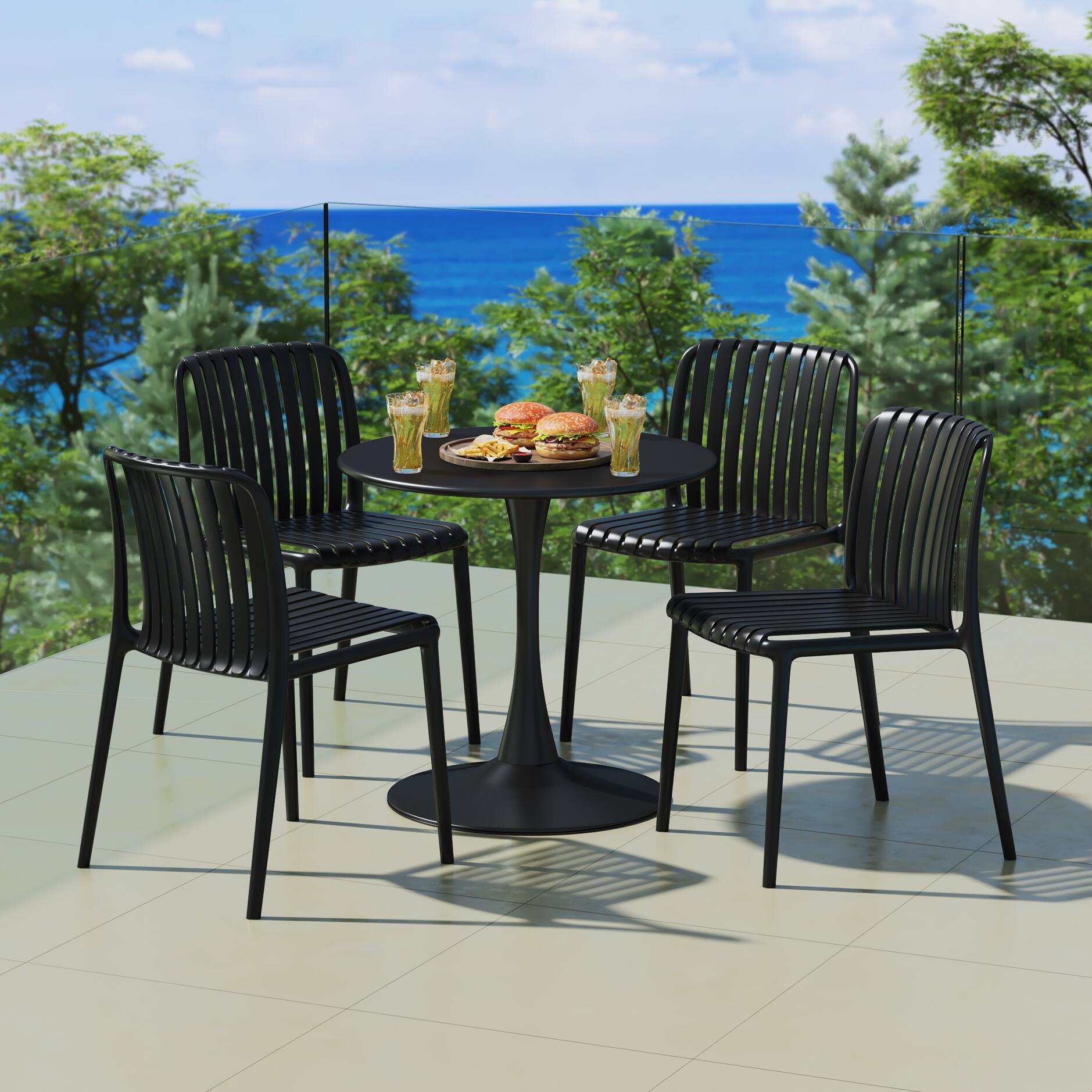 Angle. WestinTrends - WestinTrends Playa 5-Piece Outdoor Metal Dining Table Set And Stackable Resin Patio Chairs - Black.