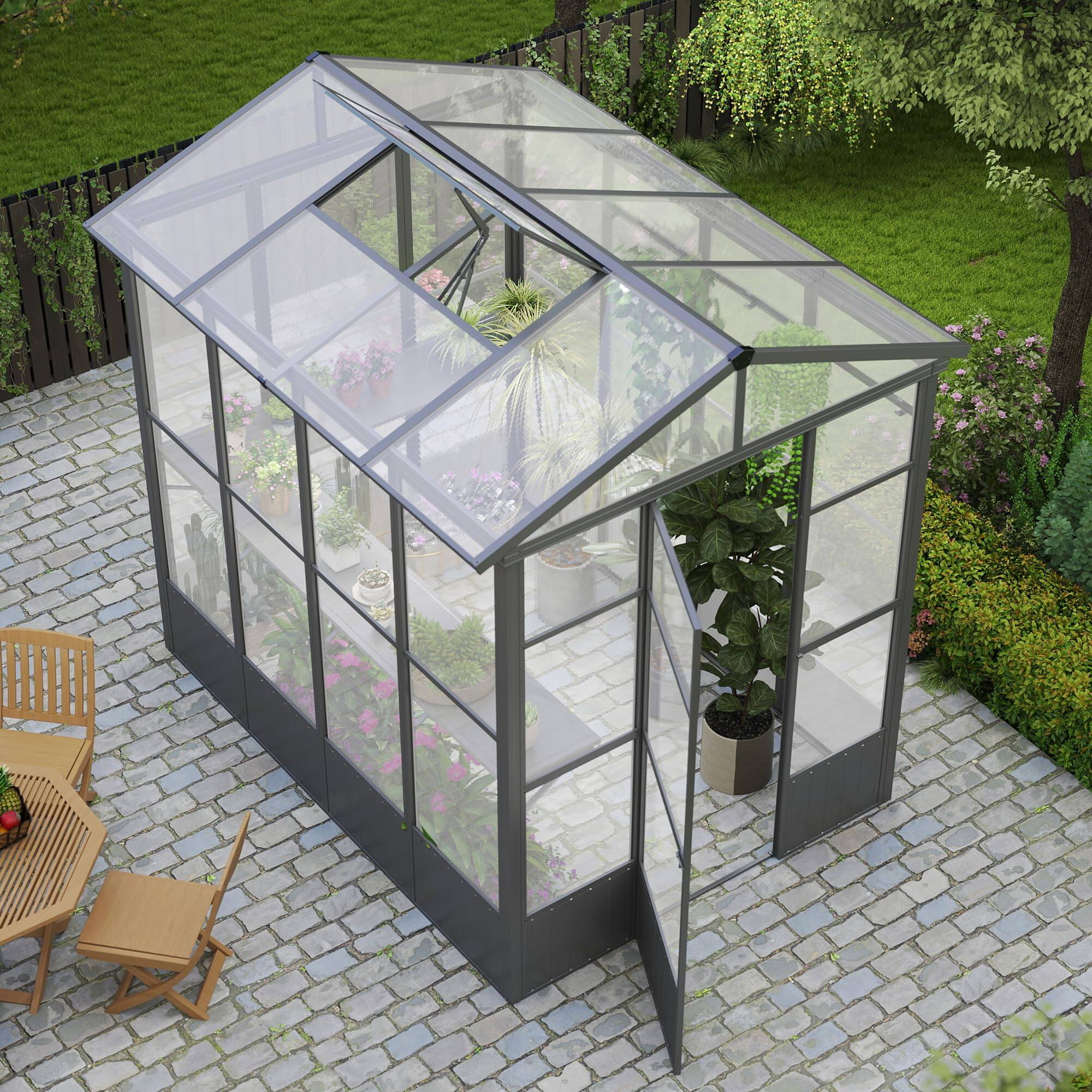 Angle. Mondawe - 6.5x8FT Greenhouse, Polycarbonate with Auto Vent, Aluminum Frame - Dark Gray.