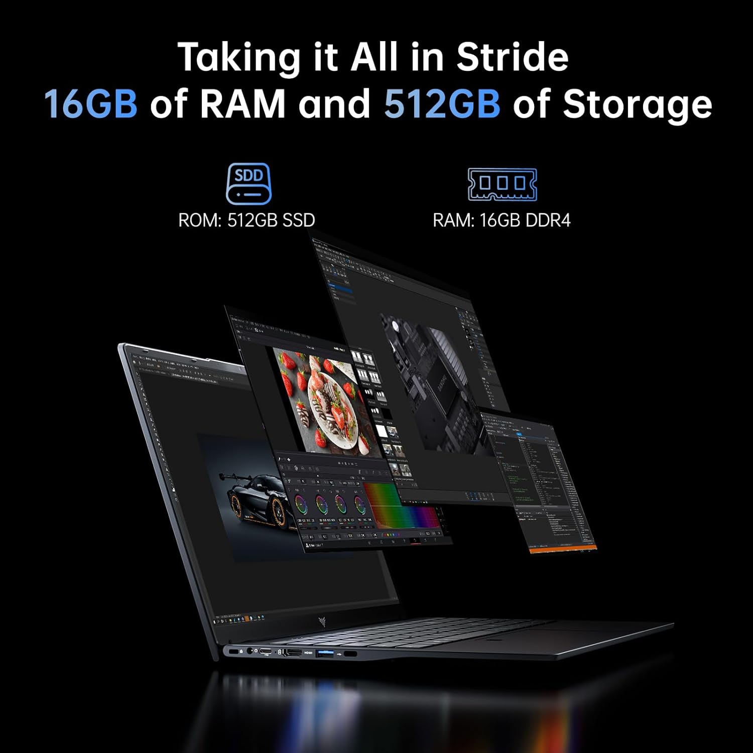 Taking it All in Stride

16GB of RAM and 512GB of Storage

ROM: 512GB SSD

RAM: 16GB DDR4
