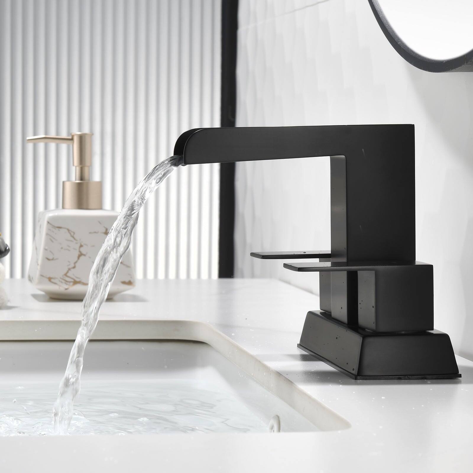 Alt View 3. Boyel Living - Black 4 Inch Centerset Faucet SUS304 Waterfall Spout 1.2GPM Dual Handle Pop Up Drain - Matte Black.