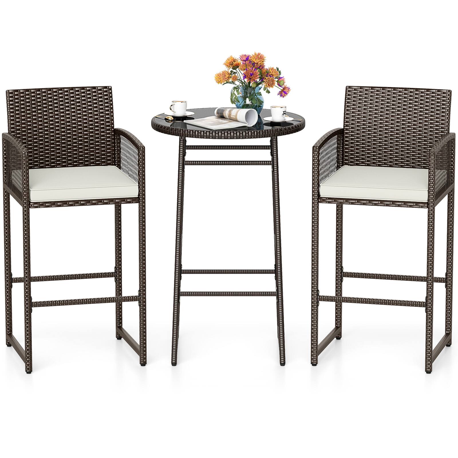 Alt View 4. Gymax - Gymax 3 Piece Wicker Patio Bar Set w/ 2 Seat Cushions Glass Tabletop for Backyard - Brown.