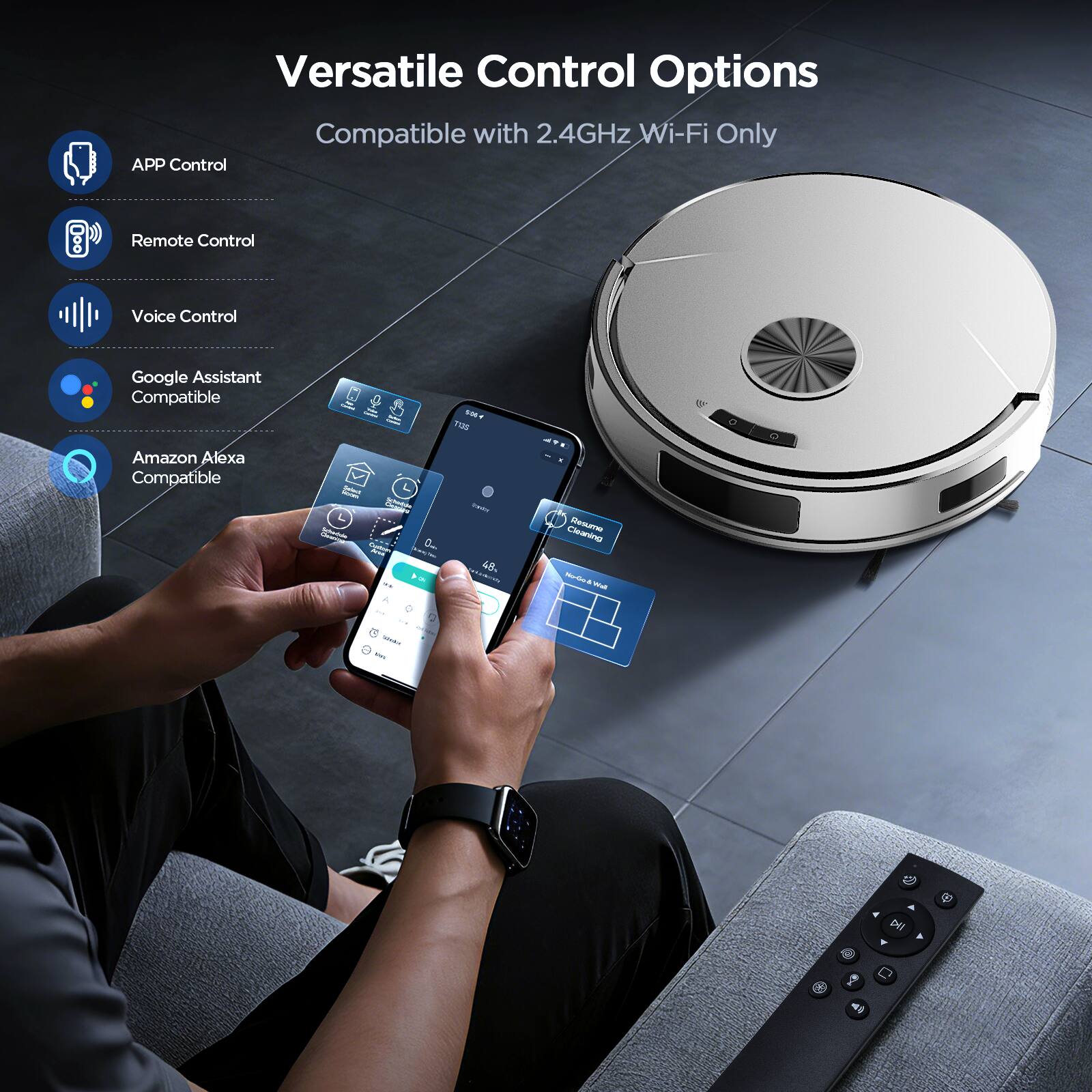 Versatile Control Options  
Compatible with 2.4GHz Wi-Fi Only  
APP Control  
Remote Control  
Voice Control  
Google Assistant Compatible  
Amazon Alexa Compatible