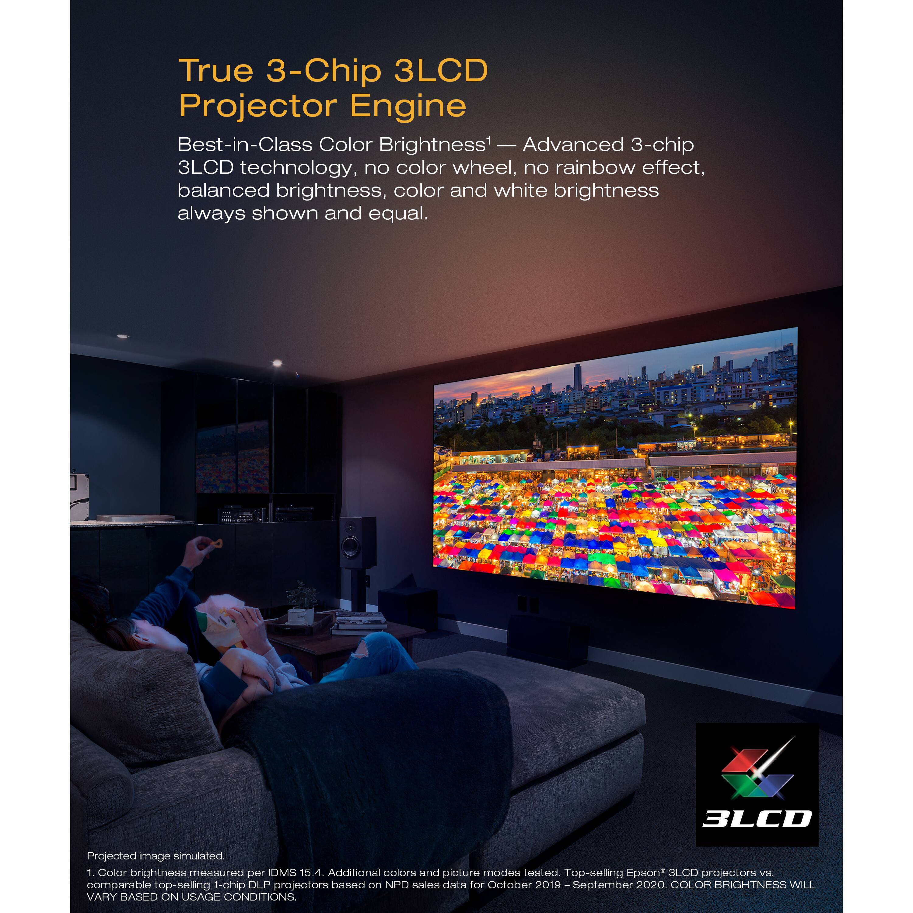 True 3-Chip 3LCD Projector Engine

Best-in-Class Color Brightness | Advanced 3-chip 3LCD technology, no color wheel, no rainbow effect, balanced brightness, color and white brightness always shown and equal.

Projected image simulated. 1. Color brightness measured per IDMS 15.4. Additional colors and picture modes tested. Top-selling Epson* 3LCD projectors vs. comparable top-selling 1-chip DLP projectors based on NPD sales data for October 2019 - September 2020. COLOR BRIGHTNESS WILL VARY BASED ON USAGE CONDITIONS.