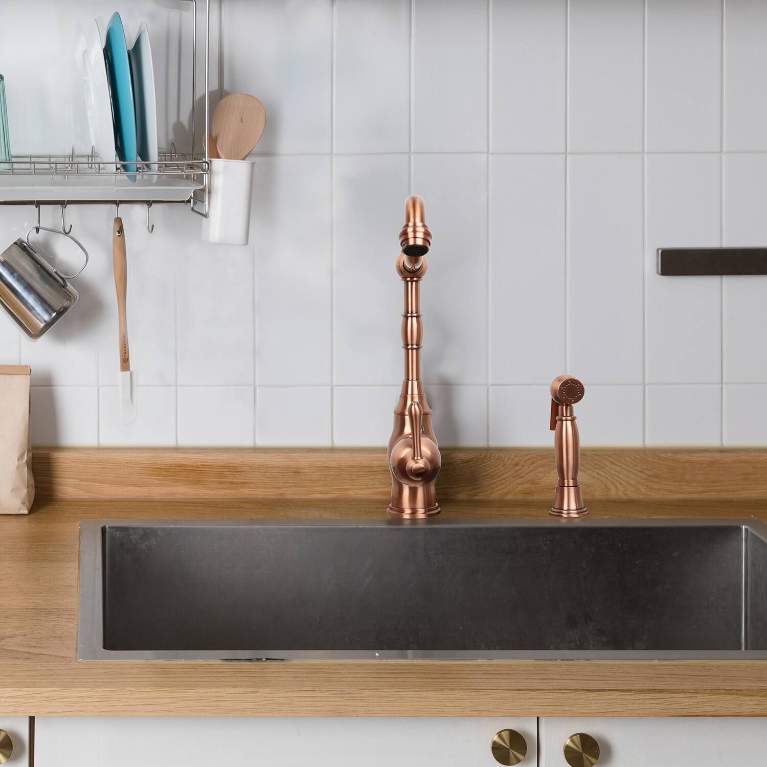 Alt View 3. Akicon - Akicon Solid Brass One-Handle 360° Swivel Widespread Kitchen Faucet with Side Spray in Copper - Copper.