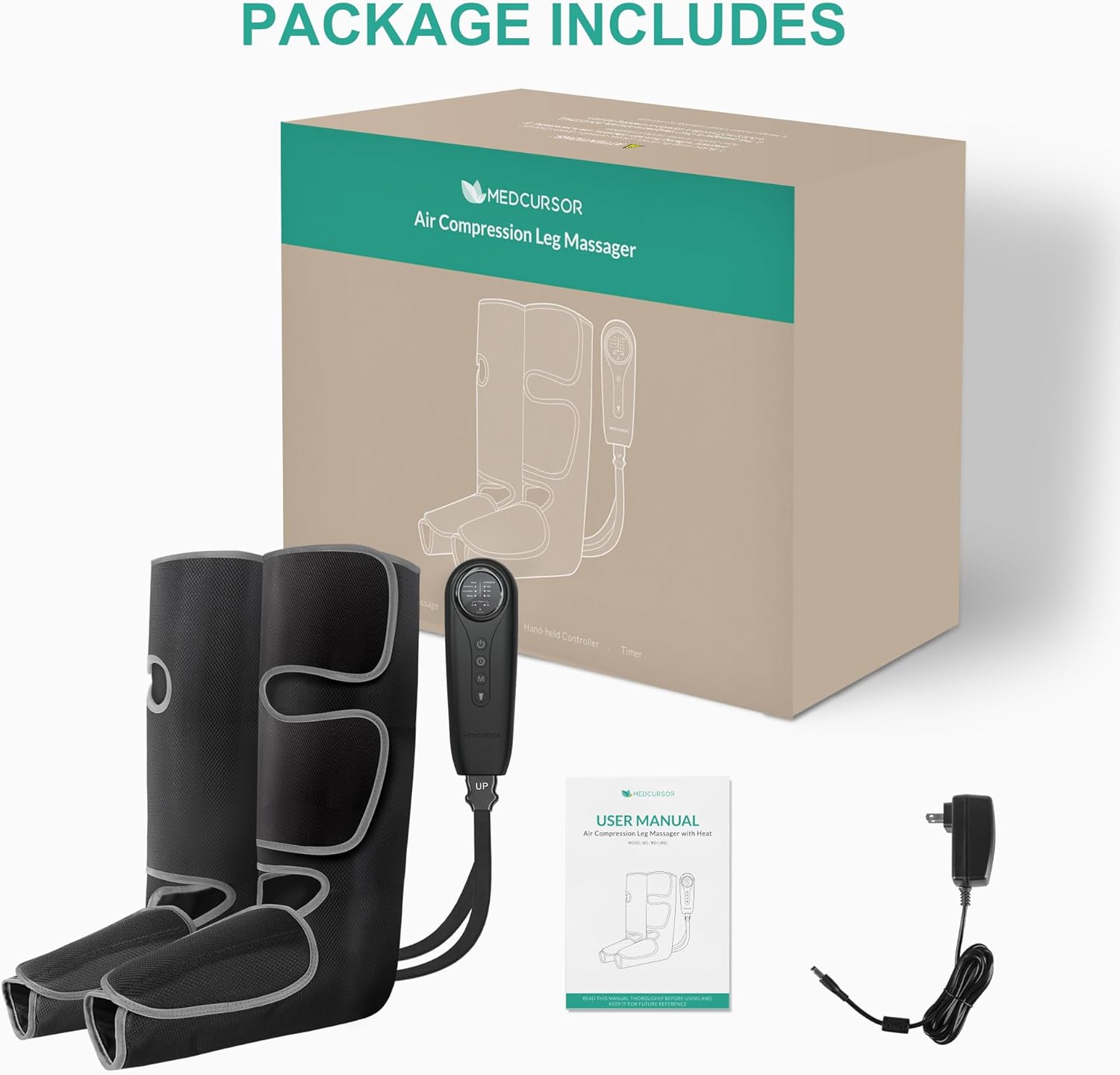 PACKAGE INCLUDES MEDCURSOR Air Compression Leg Massager, Handheld Controller, Timer, UP, USER MANUAL, da Compression Leg Massager.