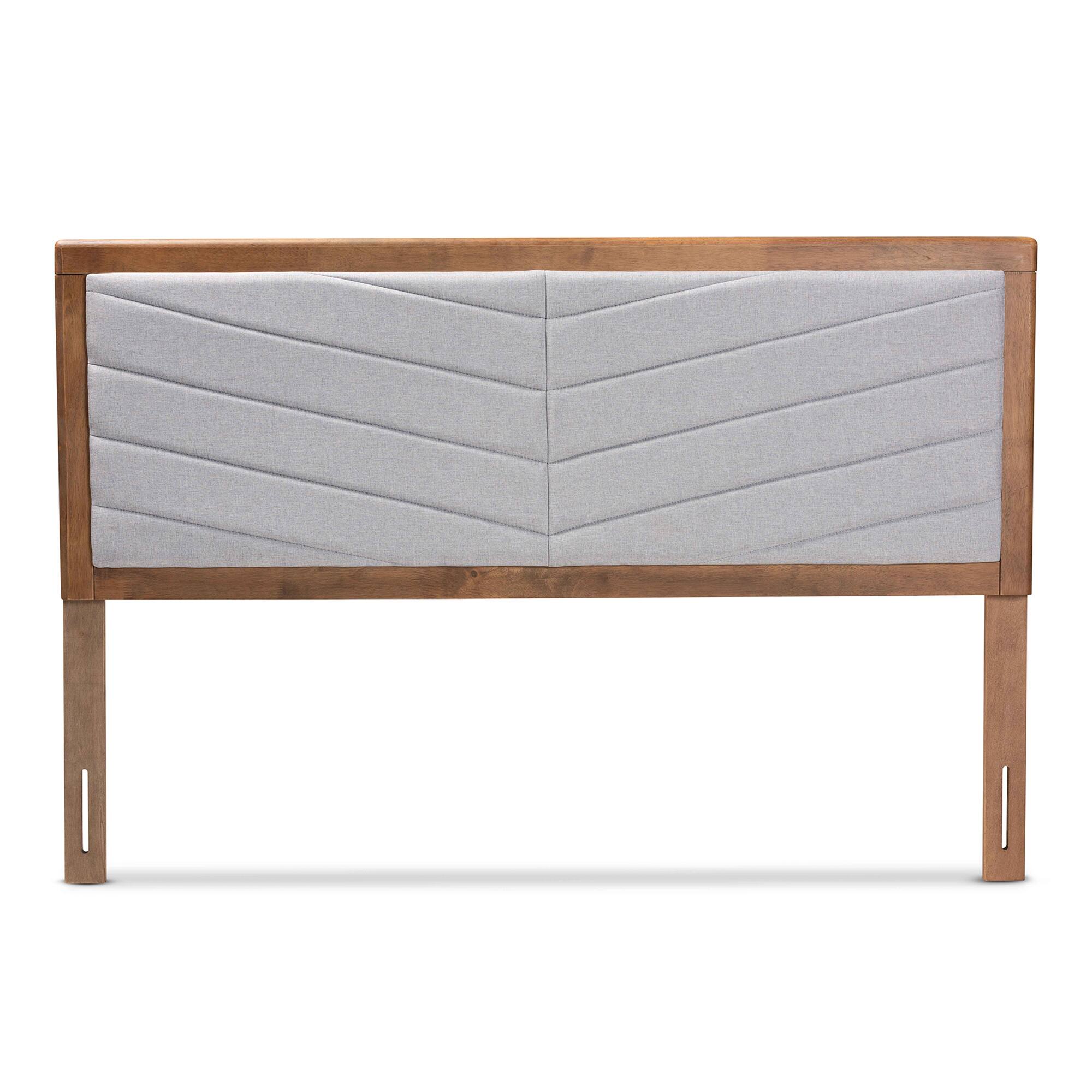 Angle. Baxton Studio - Iden Modern and Contemporary Fabric Upholstered and Finished Wood Queen Size Headboard - Light Grey/Walnut Brown.