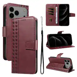 Dteck - Magnetic Wallet Pocket Case For Apple iPhone 17 Pro, Shockproof Faux Leather Card Pocket Wrist Strap Cover - Red