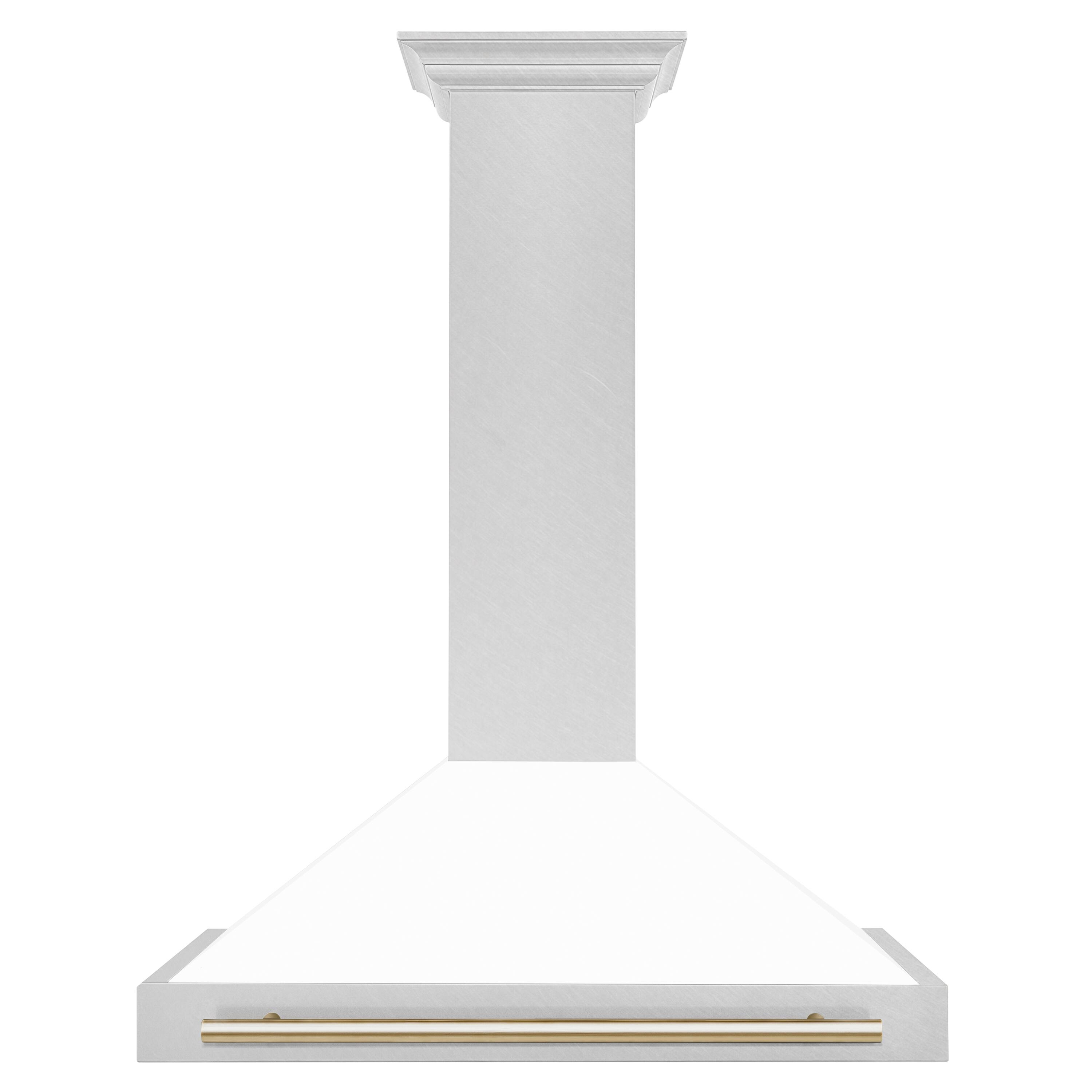 Left. ZLINE - Autograph 36 in. Convertible Satin Stainless Steel Wall Mount Range Hood with White Matte Shell and Polished Gold Handle - Stainless steel.