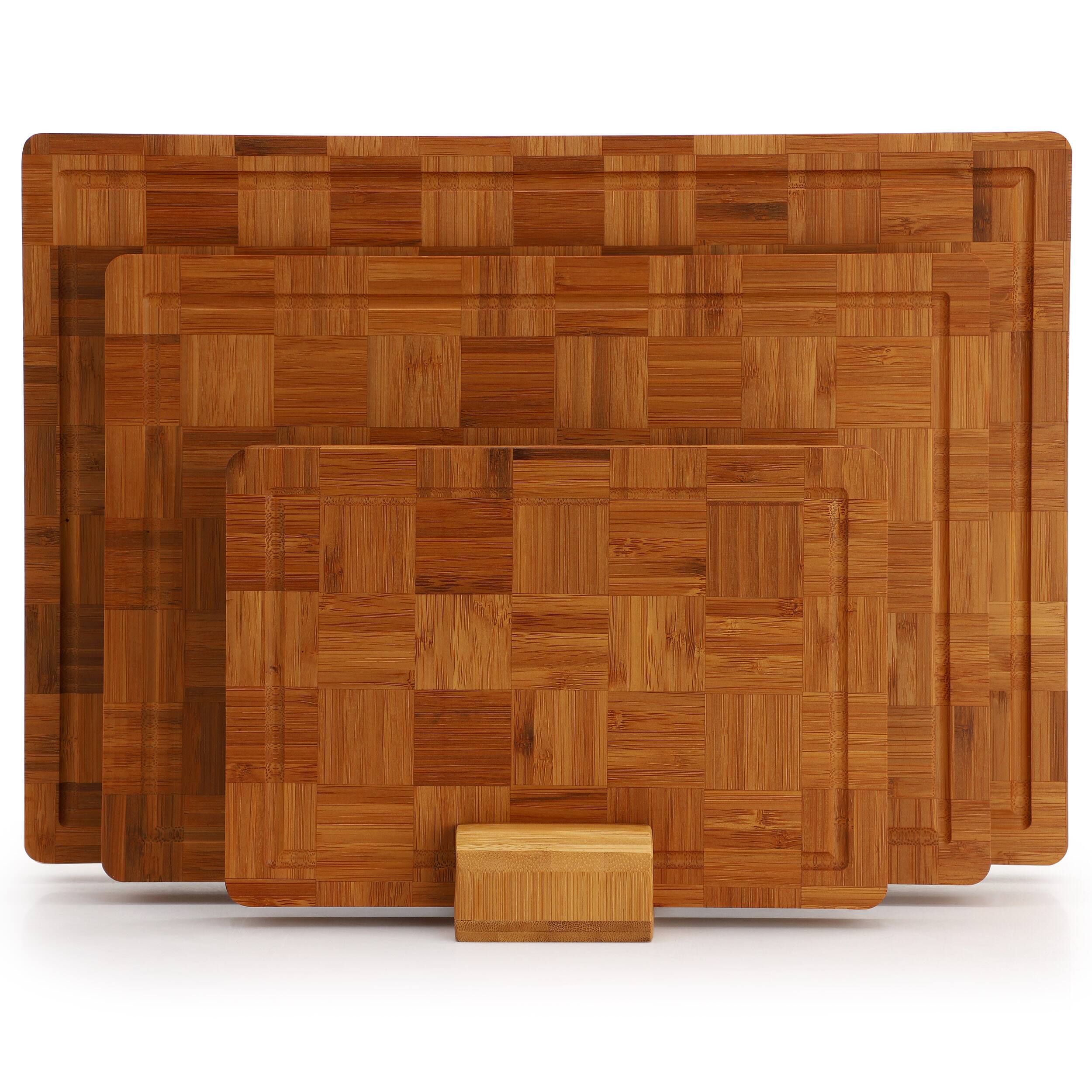 Angle. MegaChef - MegaChef 3 Piece Bamboo Checkered Pattern Cutting Board Set with Storage Holder - Brown.