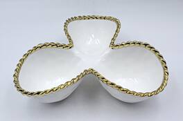 Jiallo - 10.25" Contemporary Gold Rope 3‑Section Server – Modern Divided Serving Dish with Rope‑Style Rim - White