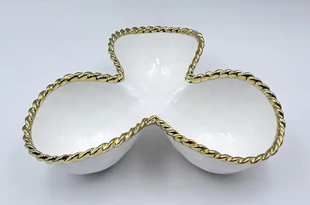 Front. Jiallo - 10.25" Contemporary Gold Rope 3‑Section Server – Modern Divided Serving Dish with Rope‑Style Rim - White.