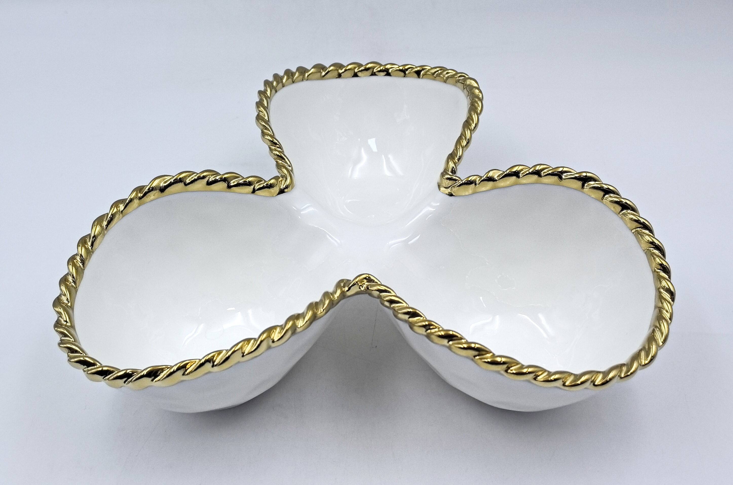 Front. Jiallo - 10.25" Contemporary Gold Rope 3‑Section Server – Modern Divided Serving Dish with Rope‑Style Rim - White.