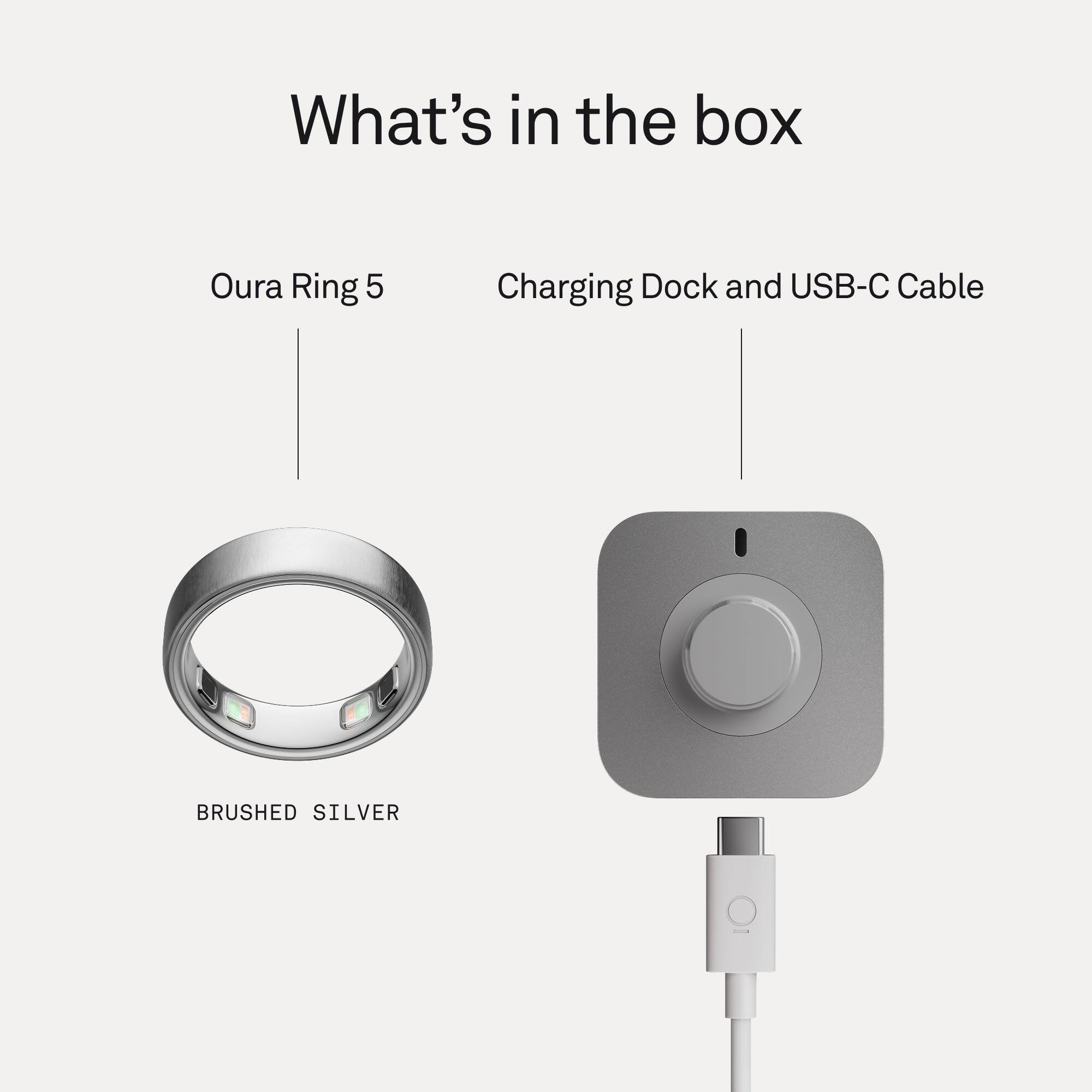 What's in the box: Oura Ring 5, Charging Dock and USB-C Cable, BRUSHED SILVER