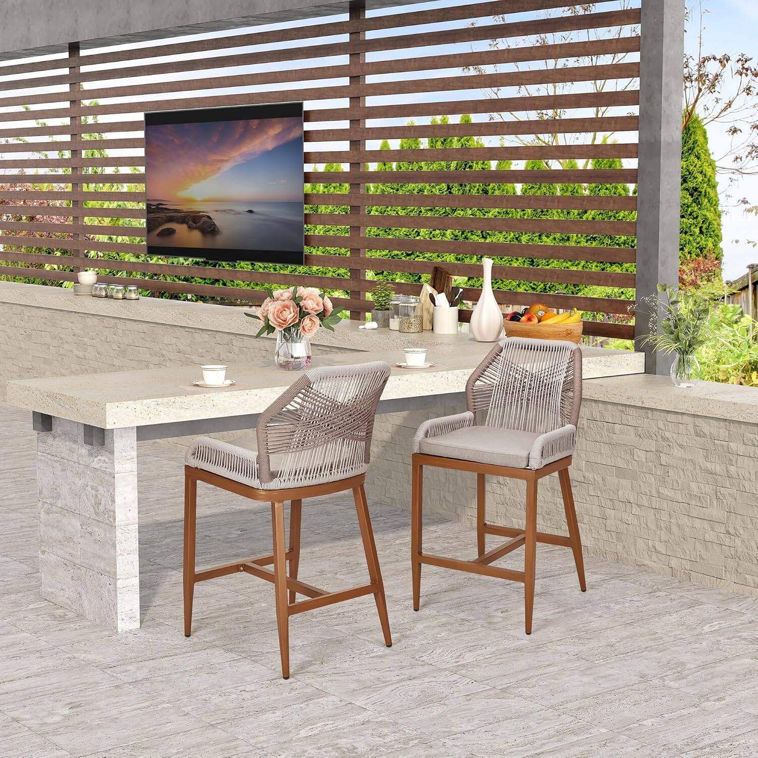 Alt View 4. GARVEE - Outdoor Bar Stools - Set of 2 Counter Height Chairs with Back, All-Weather Design, Chic Ergonomics, Wood Grain - Grey.
