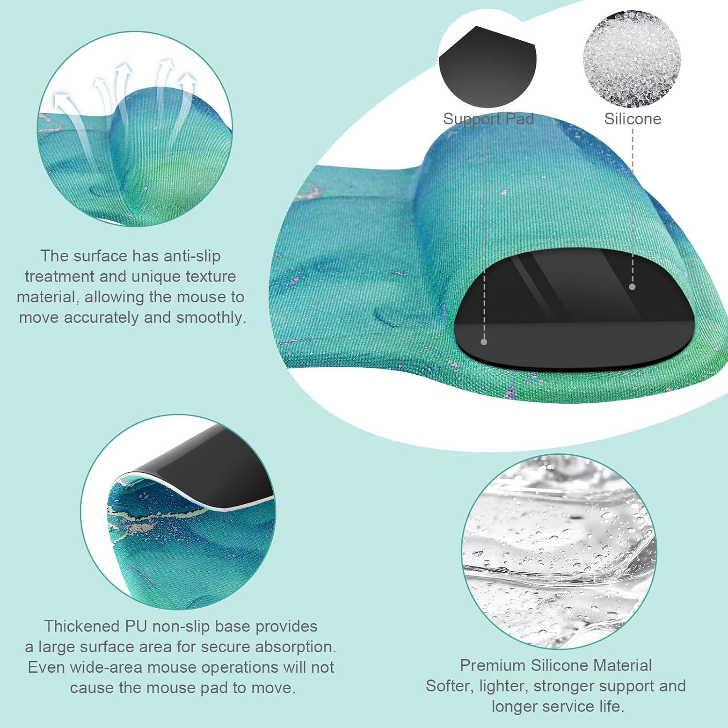 Support Pad Silicone

The surface has anti-slip treatment and unique texture material, allowing the mouse to move accurately and smoothly.

Thickened PU non-slip base provides a large surface area for secure absorption. Even wide-area mouse operations will not cause the mouse pad to move.

Premium Silicone Material
Softer, lighter, stronger support and longer service life.