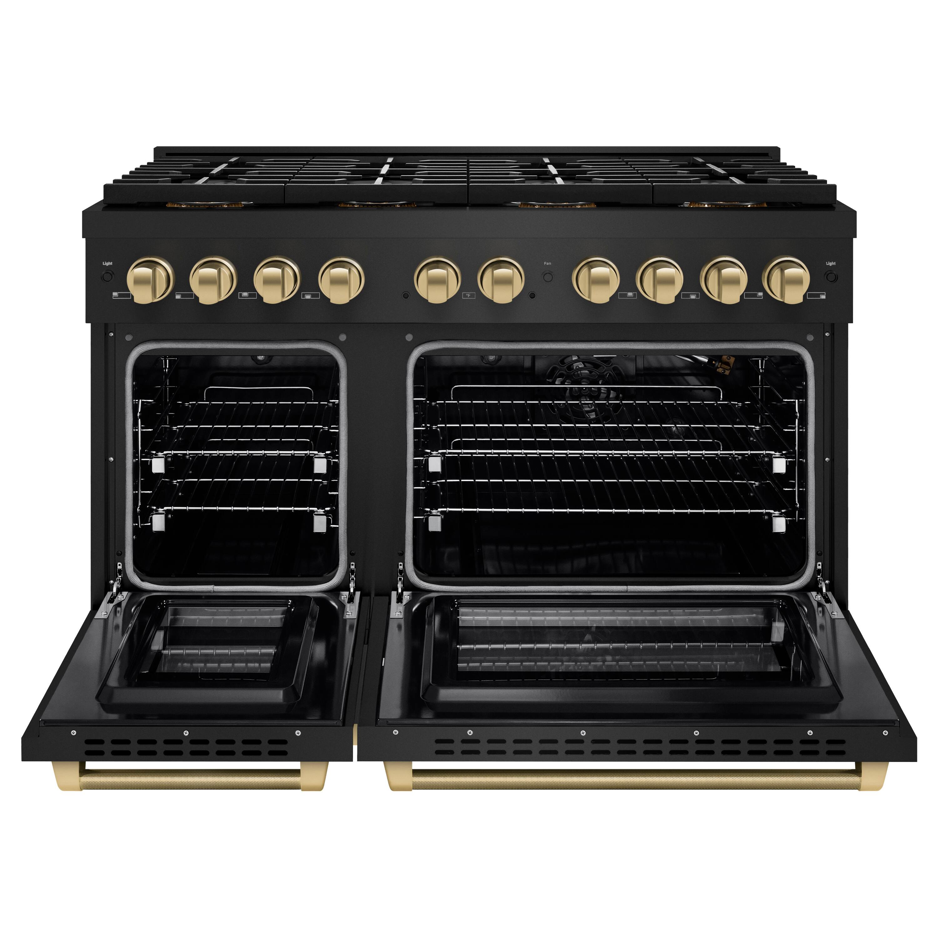 Angle. ZLINE - Autograph 48 in. 6.7 Cu. Ft. Freestanding Paramount DuoPro Gas Range in Black Steel with Champagne Bronze Helix Handles - Black Stainless Steel.