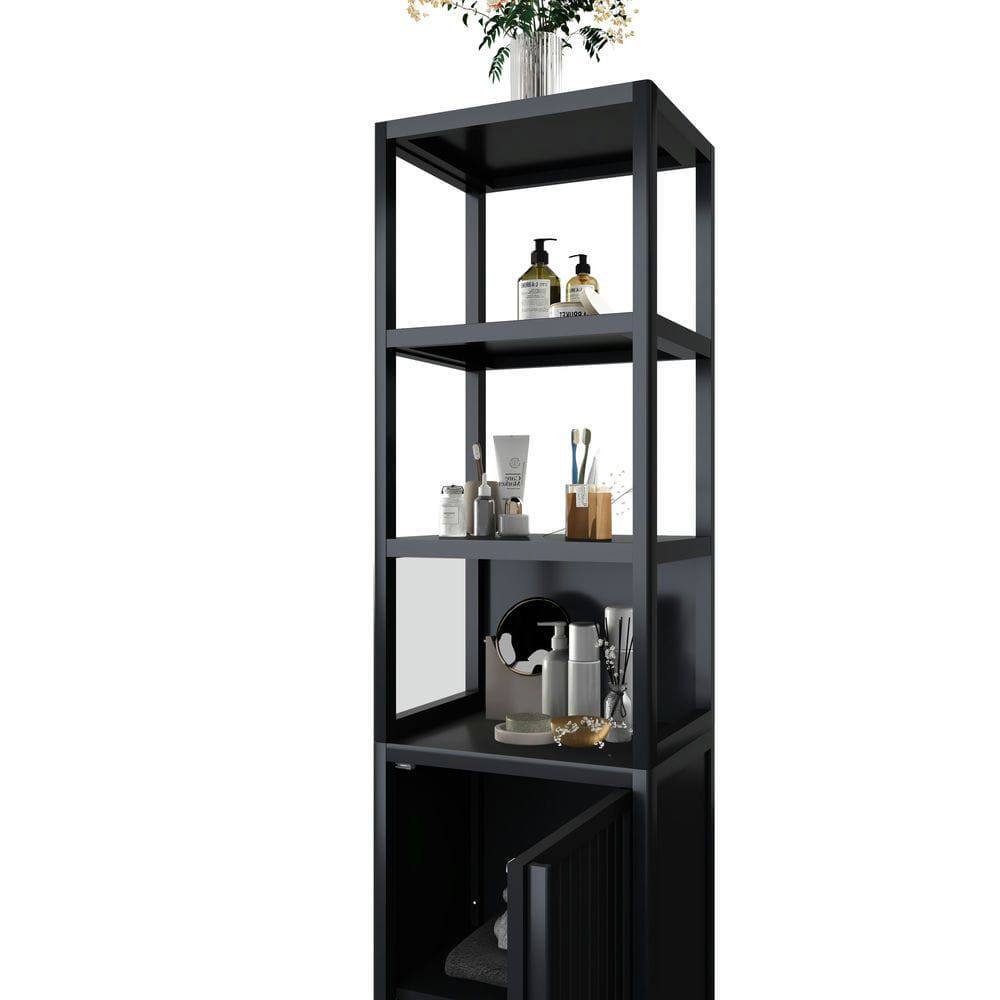 Alt View 6. Kadyn - BLACK  Storage Tall Slim Cabinet with Shutter Door and 3 Tier Shelves, Freestanding Linen Tower Cabinet, Natural Bamboo - Black.