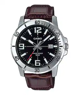 Casio - Men’s Leather Watch with Black Dial - MTP-VD01L-1BVUDF - Brown
