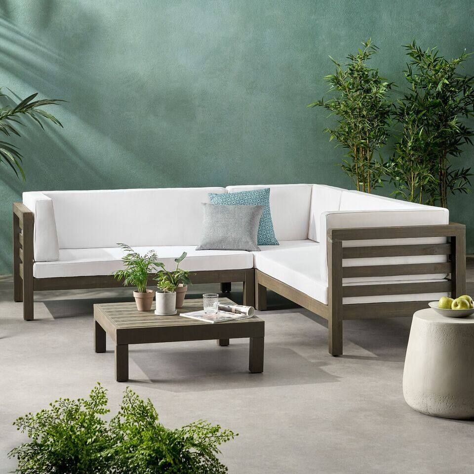 Angle. Siljoy - OANA OUTDOOR WOODEN SECTIONAL SET WITH CUSHIONS, WHITE - White.