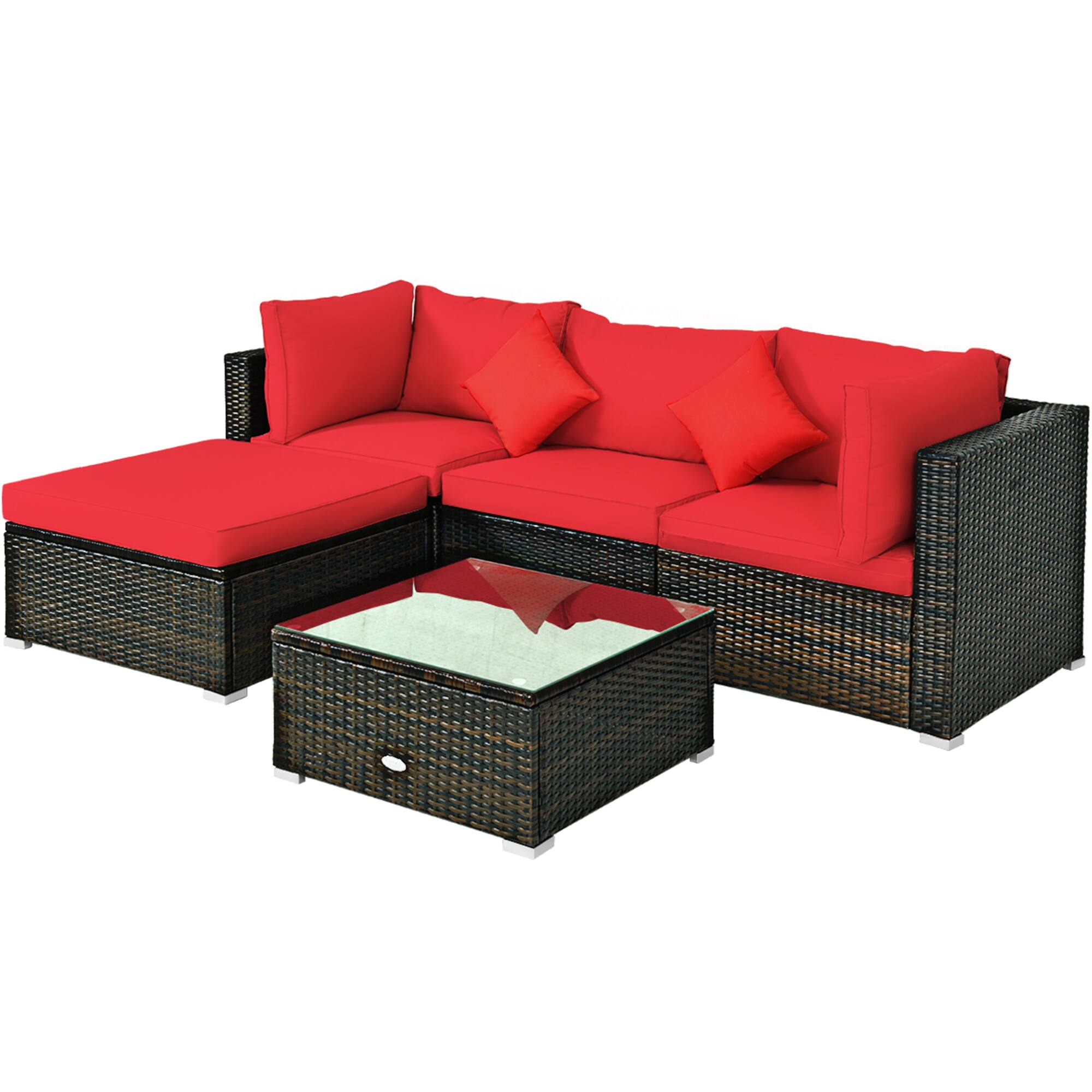 Alt View 1. Gymax - Gymax 5PCS Rattan Sectional Sofa Set Patio Furniture Set w/ Red Cushion Pillow - Red.
