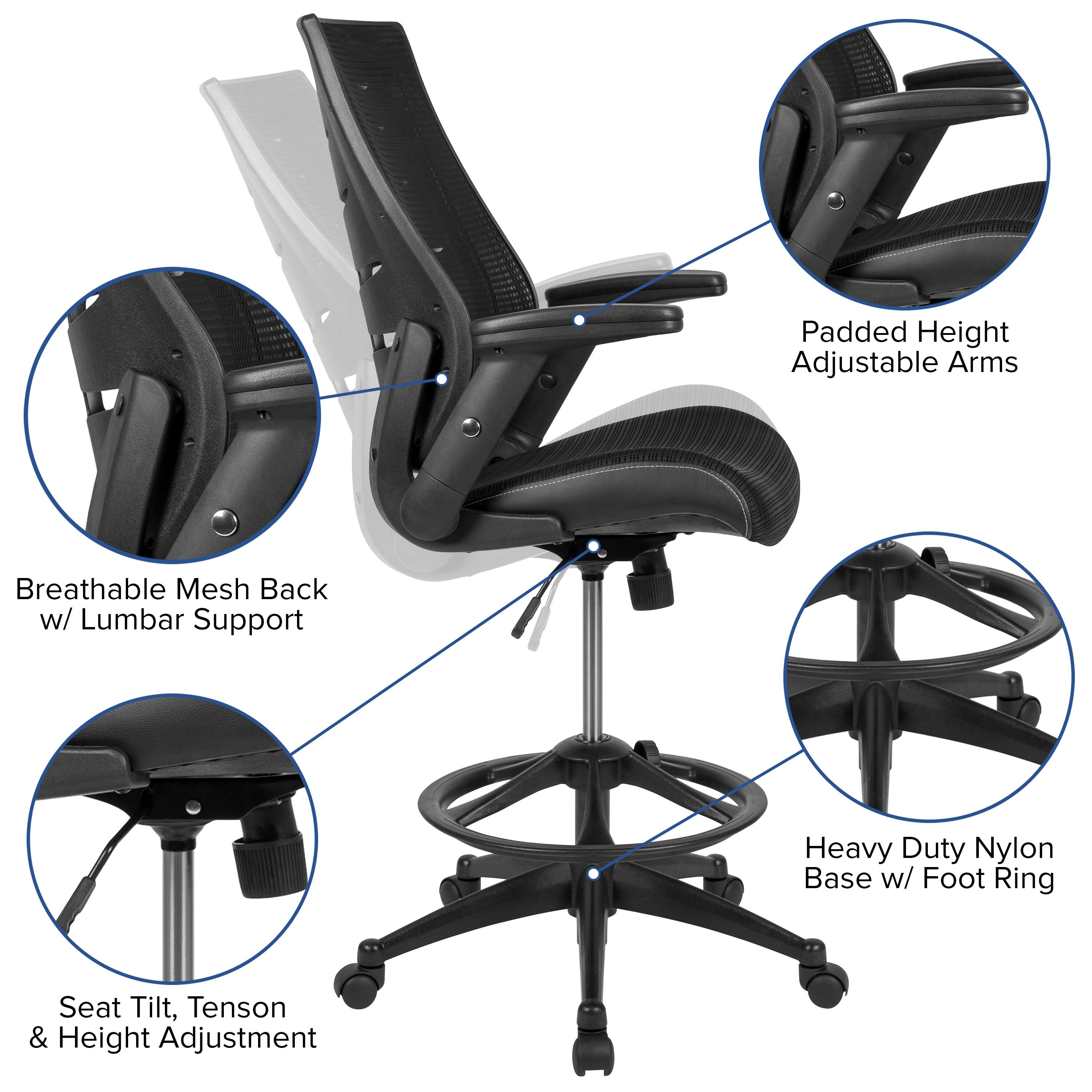 Padded Height Adjustable Arms  
Breathable Mesh Back w/ Lumbar Support  
Heavy Duty Nylon Base w/ Foot Ring  
Seat Tilt, Tension & Height Adjustment