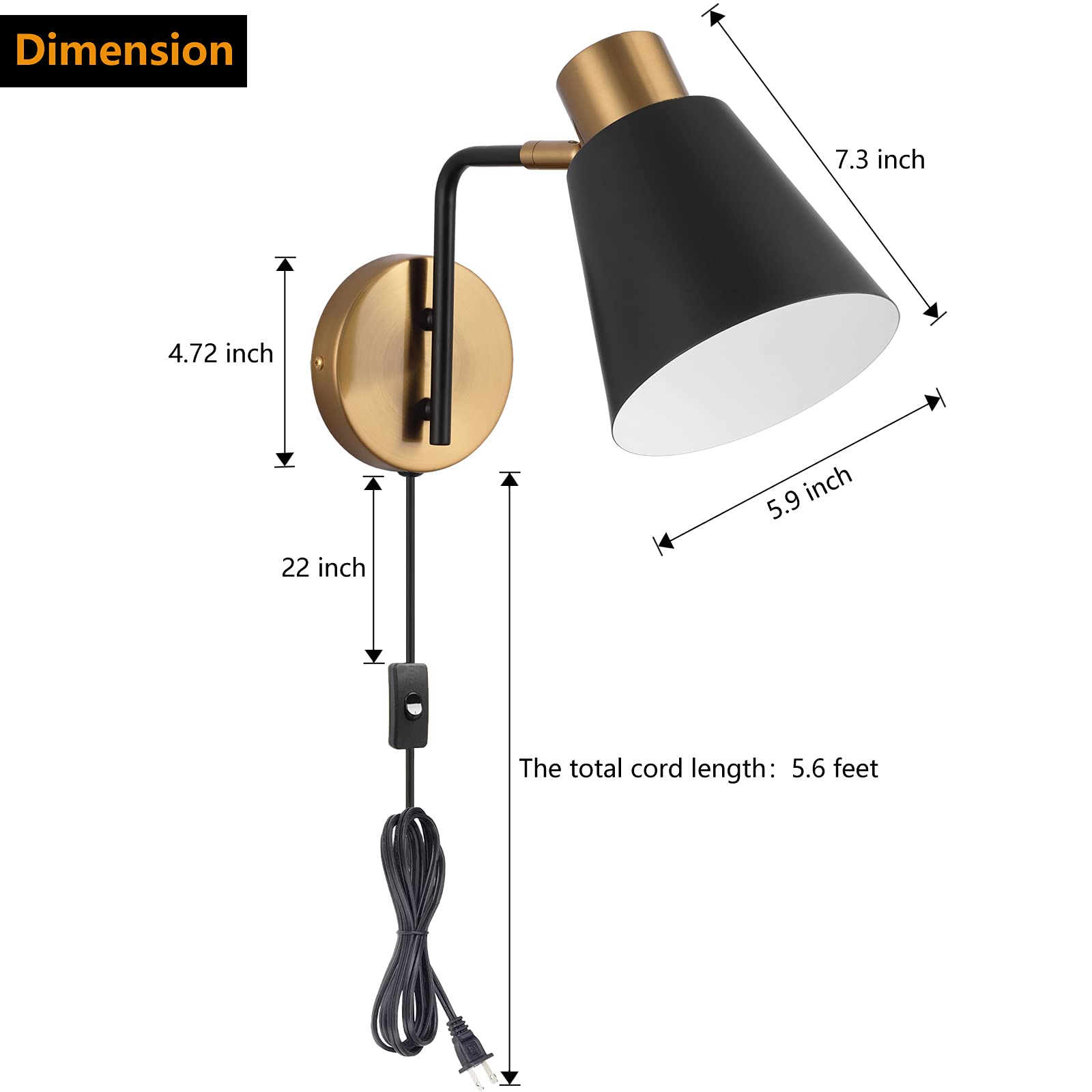 Dimension  
- 7.3 inch  
- 4.72 inch  
- 5.9 inch  
- 22 inch  

The total cord length: 5.6 feet