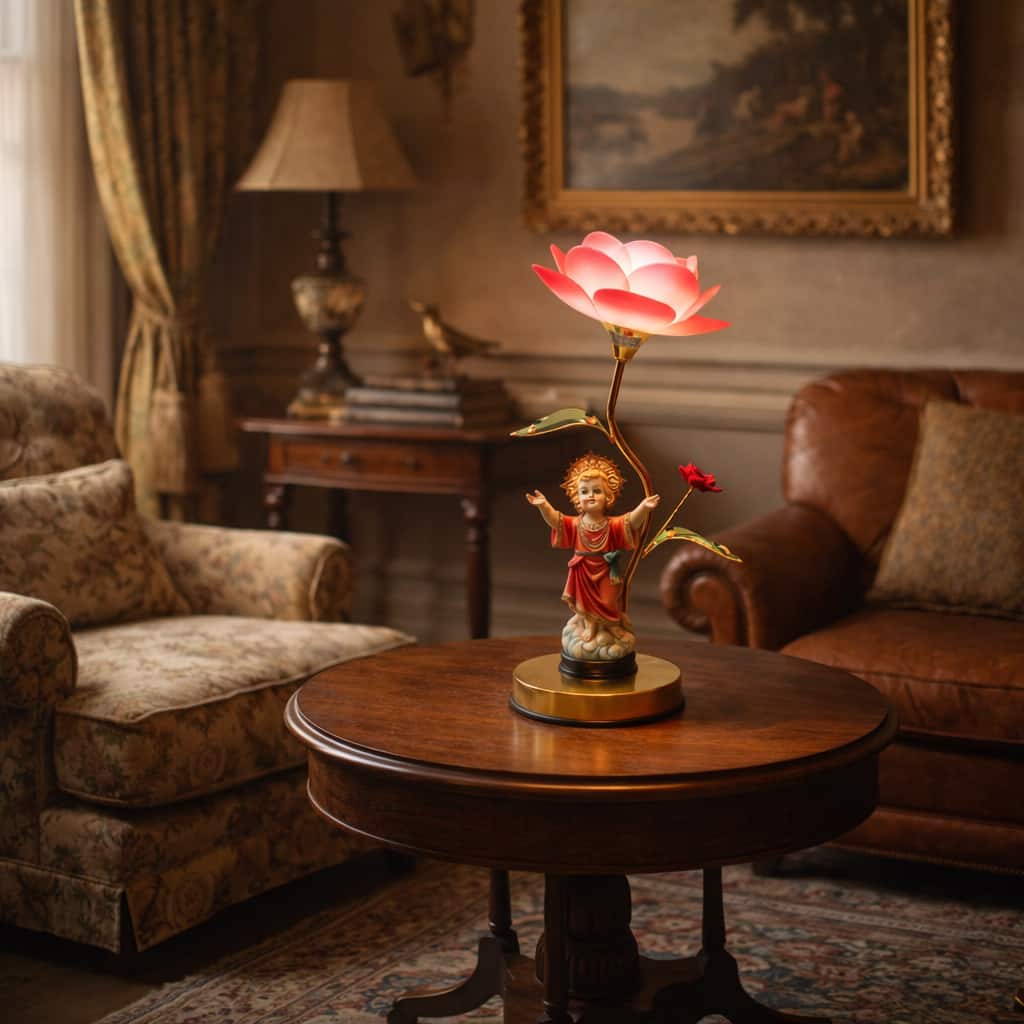 FC Design - 16"H Red Welcome Santo Niño Statue with Rose Gold Color Base Touch Lamp