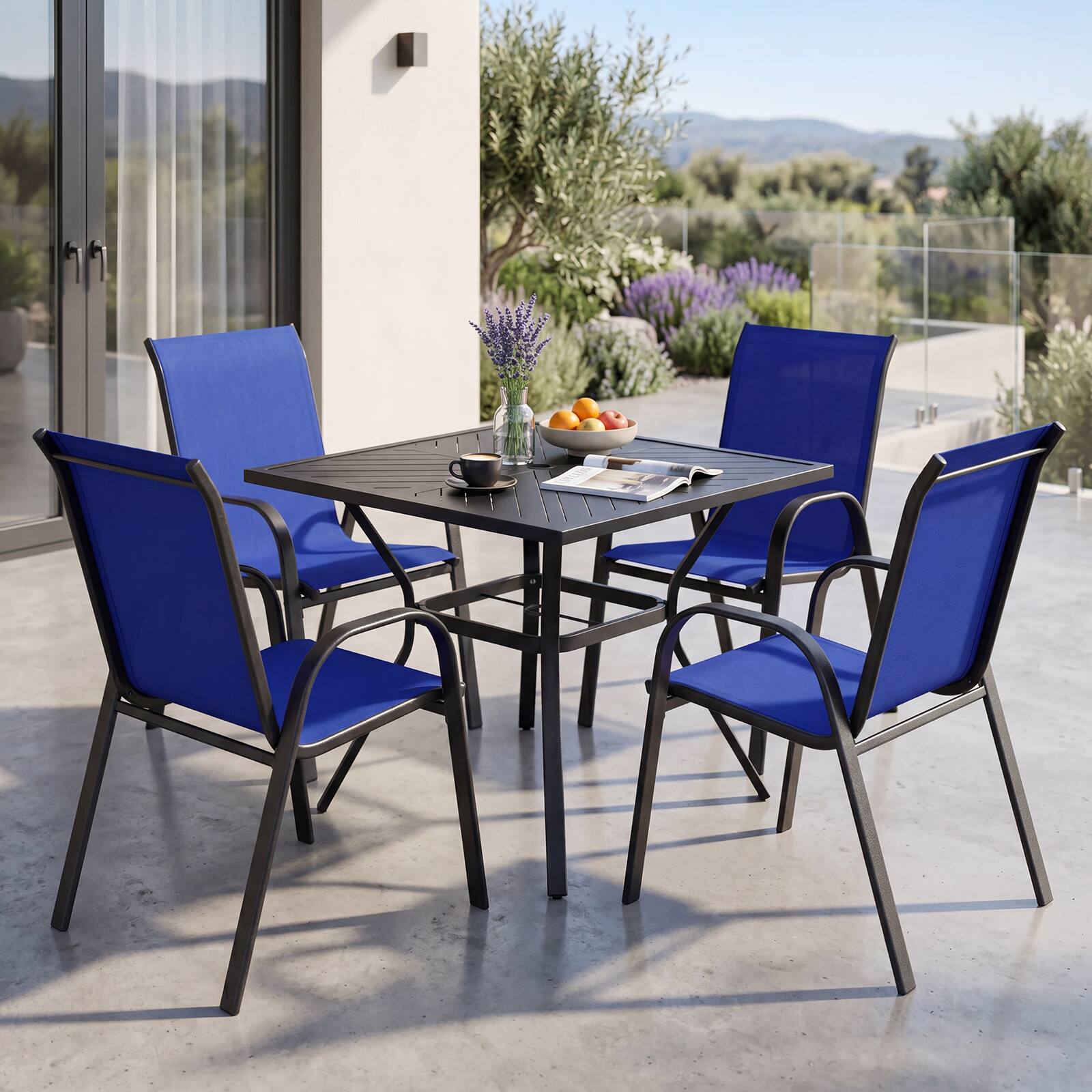 Alt View 6. Gymax - Gymax Set of 2 Patio Dining Chairs Stackable Armrest Space Saving Garden Black & Navy - Blue.