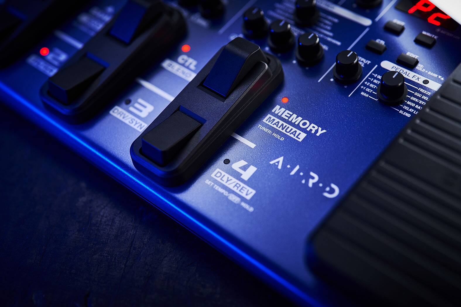 Sure, here is the corrected and grouped text from the image:

- DRV/SYN
- 3
- CTL
- MEMORY MANUAL
- TUNER: HOLD
- PEDAL HOLD
- FX BANK VA
- +2 OCT
- +1 OCT
- OCT FREEZE
- WAH
- OSC
- DRV
- DEL
- MOD
- SY!
- DELAY
- RAT
- BLEND
- LE
- TUNER: MANUAL
- MEMORY HOLD
- 4
- A.I.R
- DLY/REV
- SET TEMPO
- DLY/REV