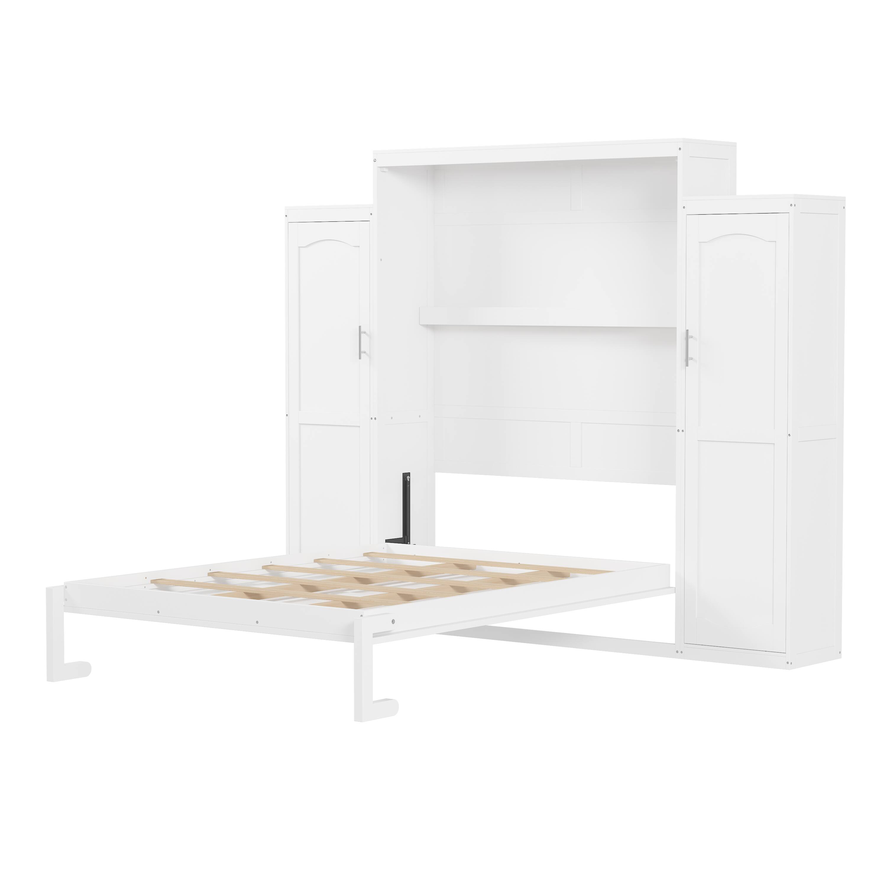 Alt View 6. Tiramisubest - Queen Size Murphy Bed with 2 Wardrobe and Storage Shelf, Multifunctional Foldable Platform Bedframe, White - White.