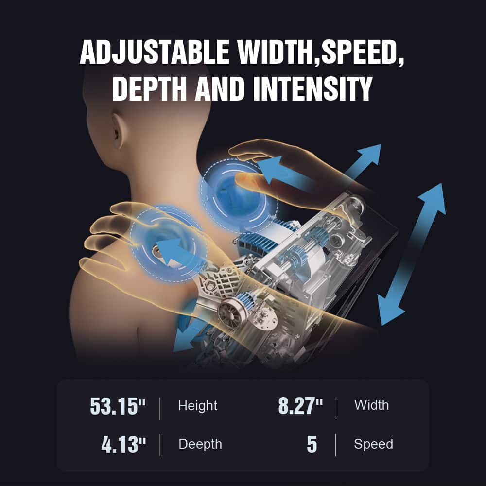 ADJUSTABLE WIDTH, SPEED, DEPTH AND INTENSITY
53.15" Height
8.27" Width
4.13" Depth
5 Speed