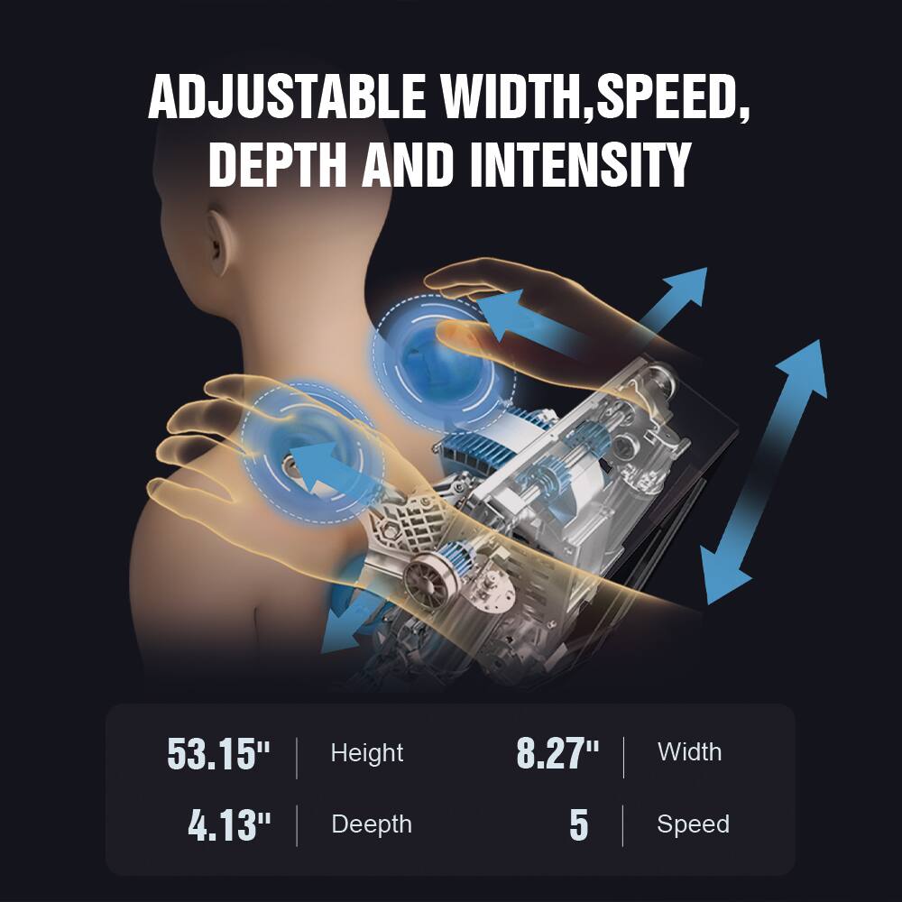 ADJUSTABLE WIDTH, SPEED, DEPTH AND INTENSITY

53.15" Height  
8.27" Width  
4.13" Depth  
5 Speed