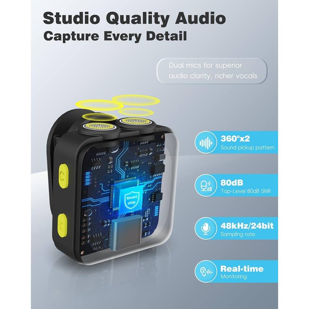 Studio Quality Audio  
Capture Every Detail

- Dual mics for superior audio clarity, richer vocals
- 360°x2 Sound pickup pattern
- 80dB Top-Level 80dB SNR
- 48kHz/24bit Sampling rate
- Real-time Monitoring