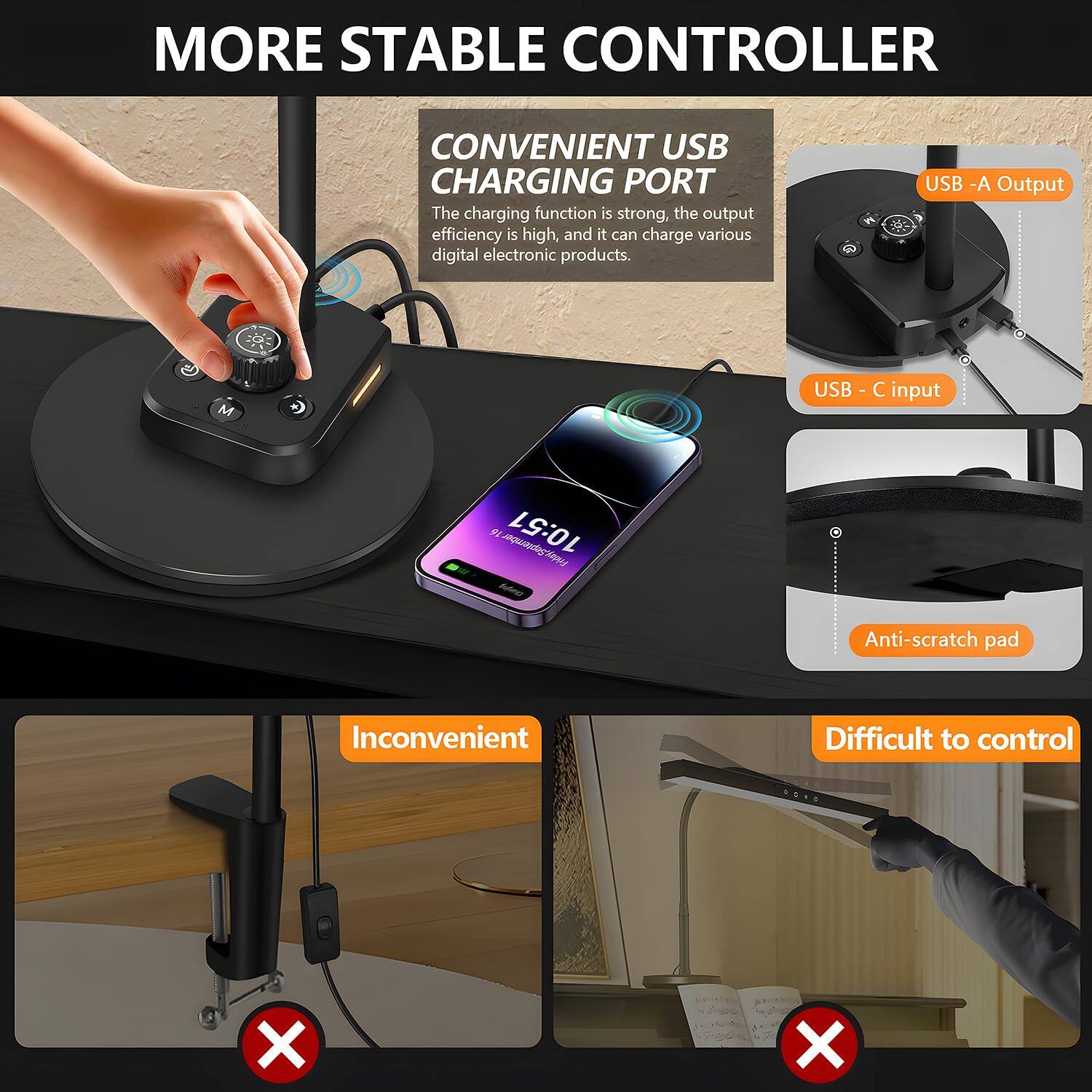 MORE STABLE CONTROLLER

CONVENIENT USB CHARGING PORT
The charging function is strong, the output efficiency is high, and it can charge various digital electronic products.

USB - A Output
USB - C Input
Anti-scratch pad

Inconvenient
Difficult to control