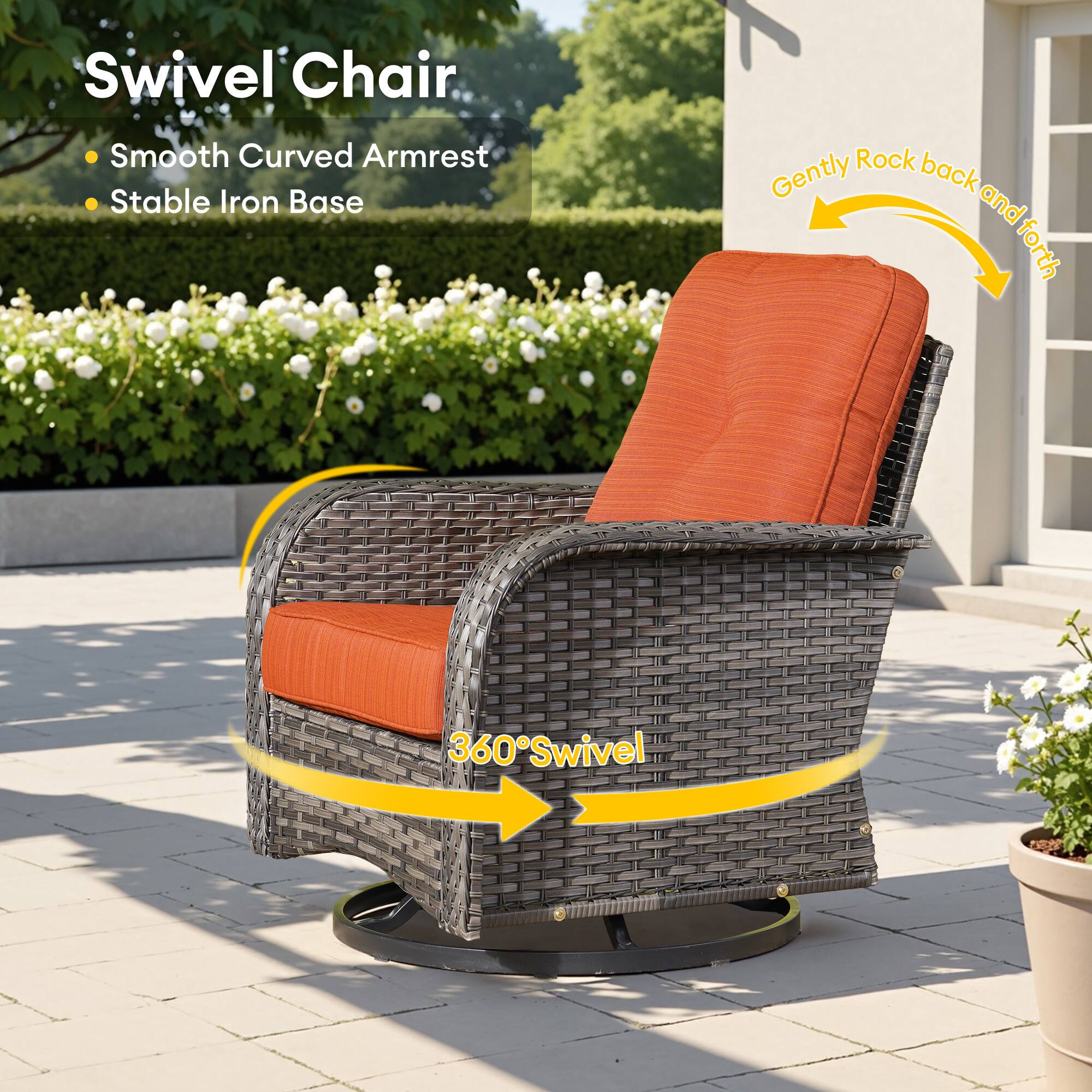 Swivel Chair  
- Smooth Curved Armrest  
- Stable Iron Base  

Gently Rock back and forth  

360° Swivel