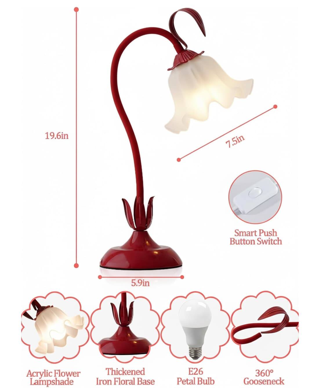 19.6in 7.5in Smart Push Button Switch 5.9in Acrylic Flower Lampshade Thickened Iron Floral Base E26 Petal Bulb 360 Gooseneck