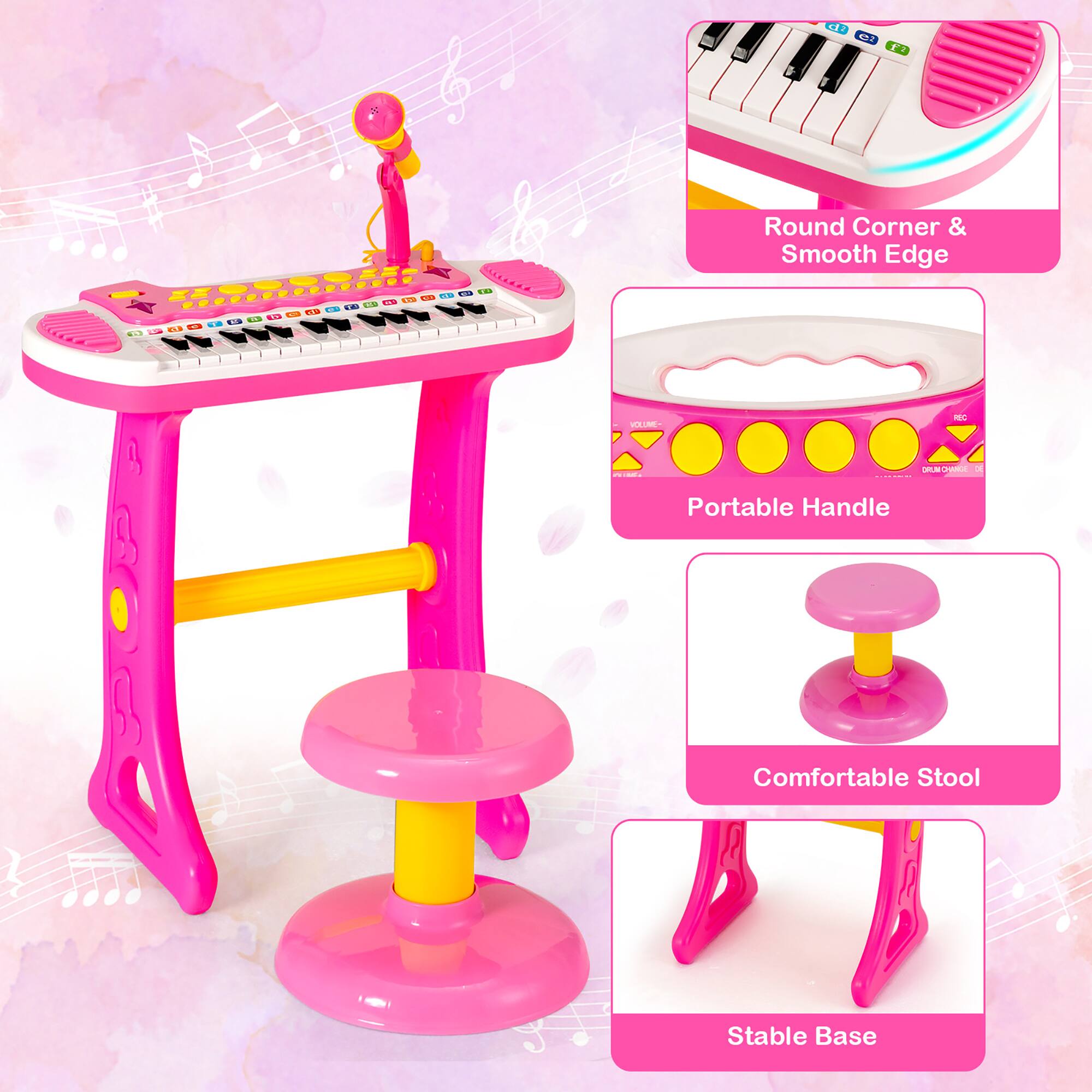 The text on the image is grouped as follows:

1. Round Corner & Smooth Edge - Pink and white toy with a round corner and smooth edge.
2. Portable Handle - Pink and white toy with a portable handle.
3. Comfortable Stool - Pink and white toy with a comfortable stool.
4. Stable Base - Pink and white toy with a stable base.